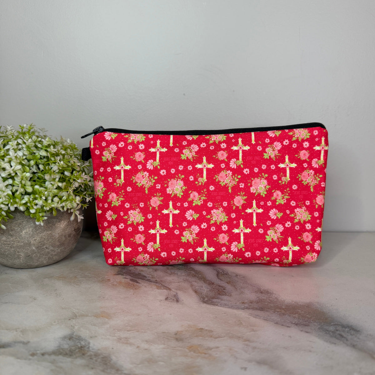 Pouch - Religious Pink Floral Cross