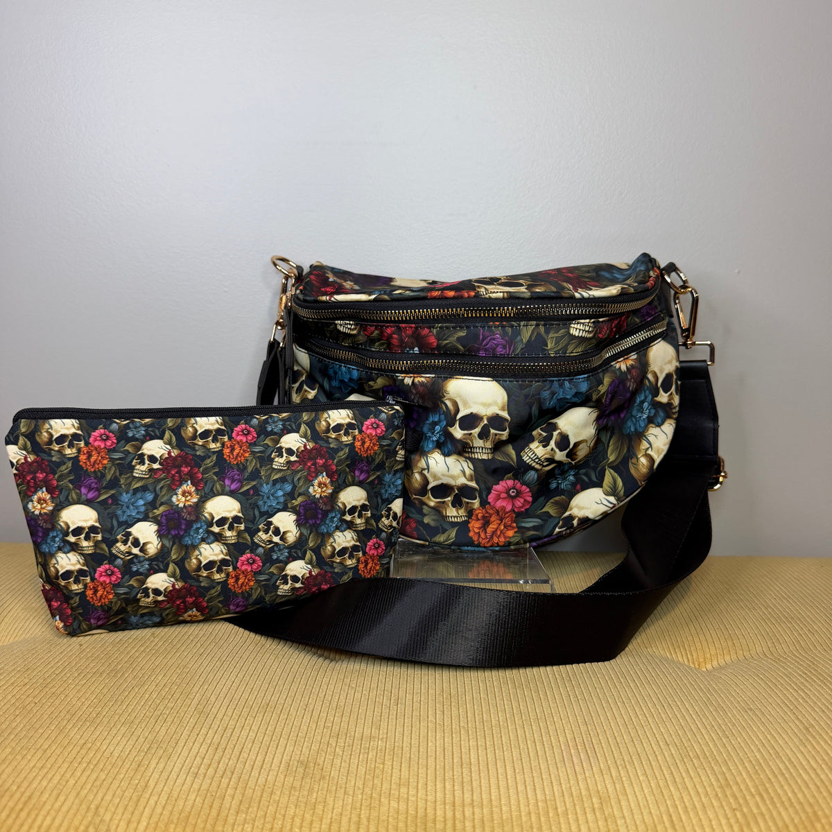 Bundled Set - Roni & Pouch - Halloween Fall Floral Skull Purple Blue Maroon