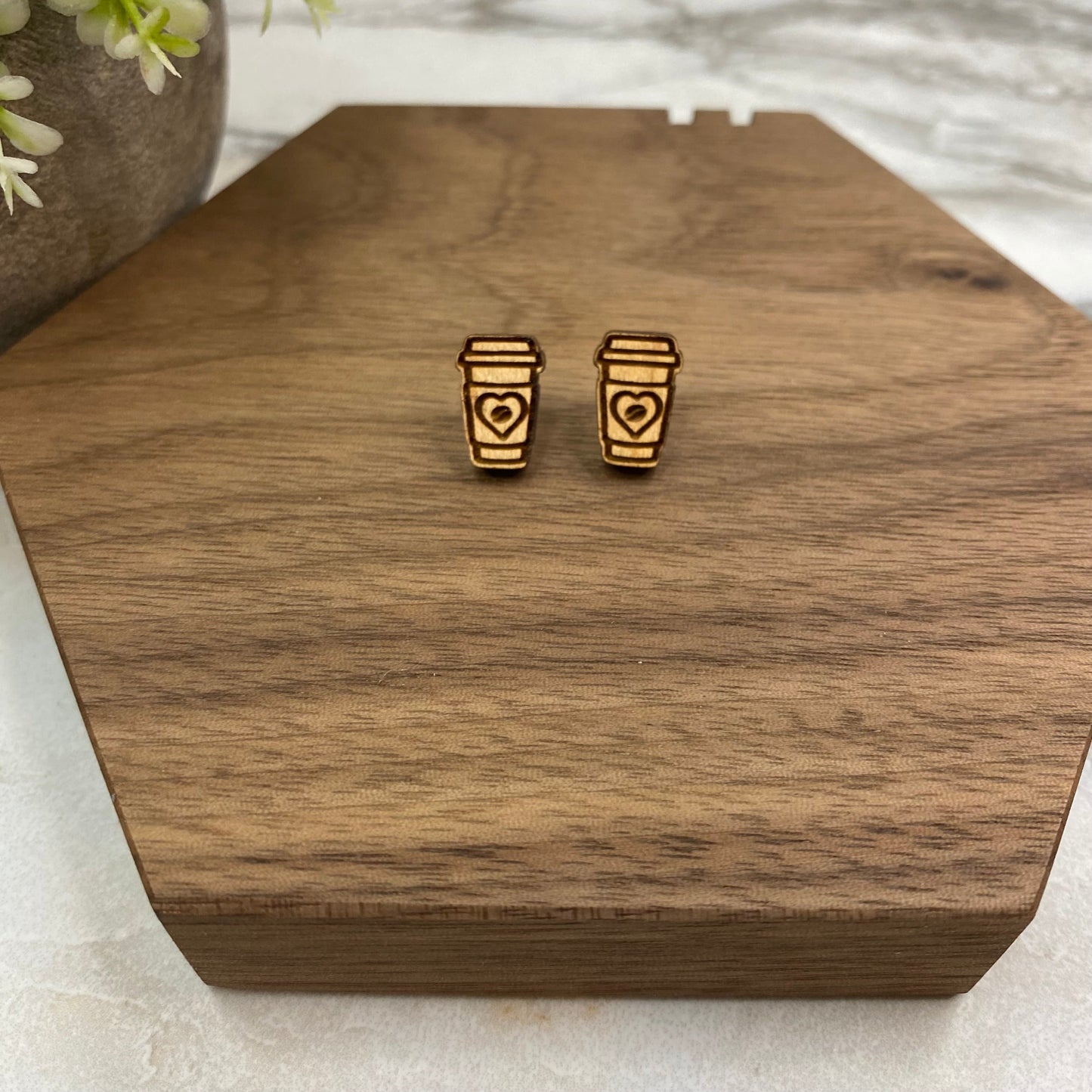 Wooden Stud Earrings - Coffee Heart Bean