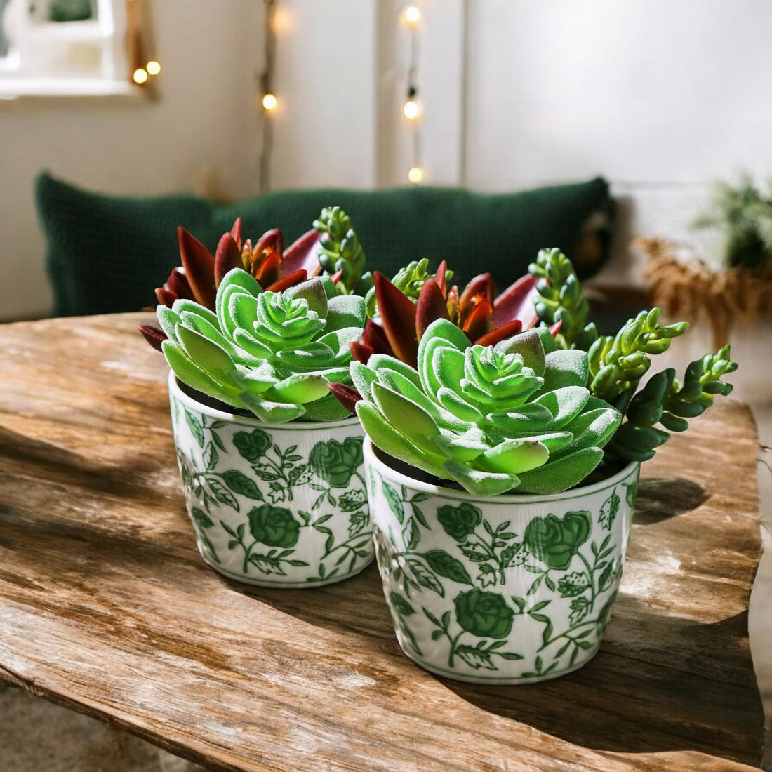 Green and white chinoiserie planter vases