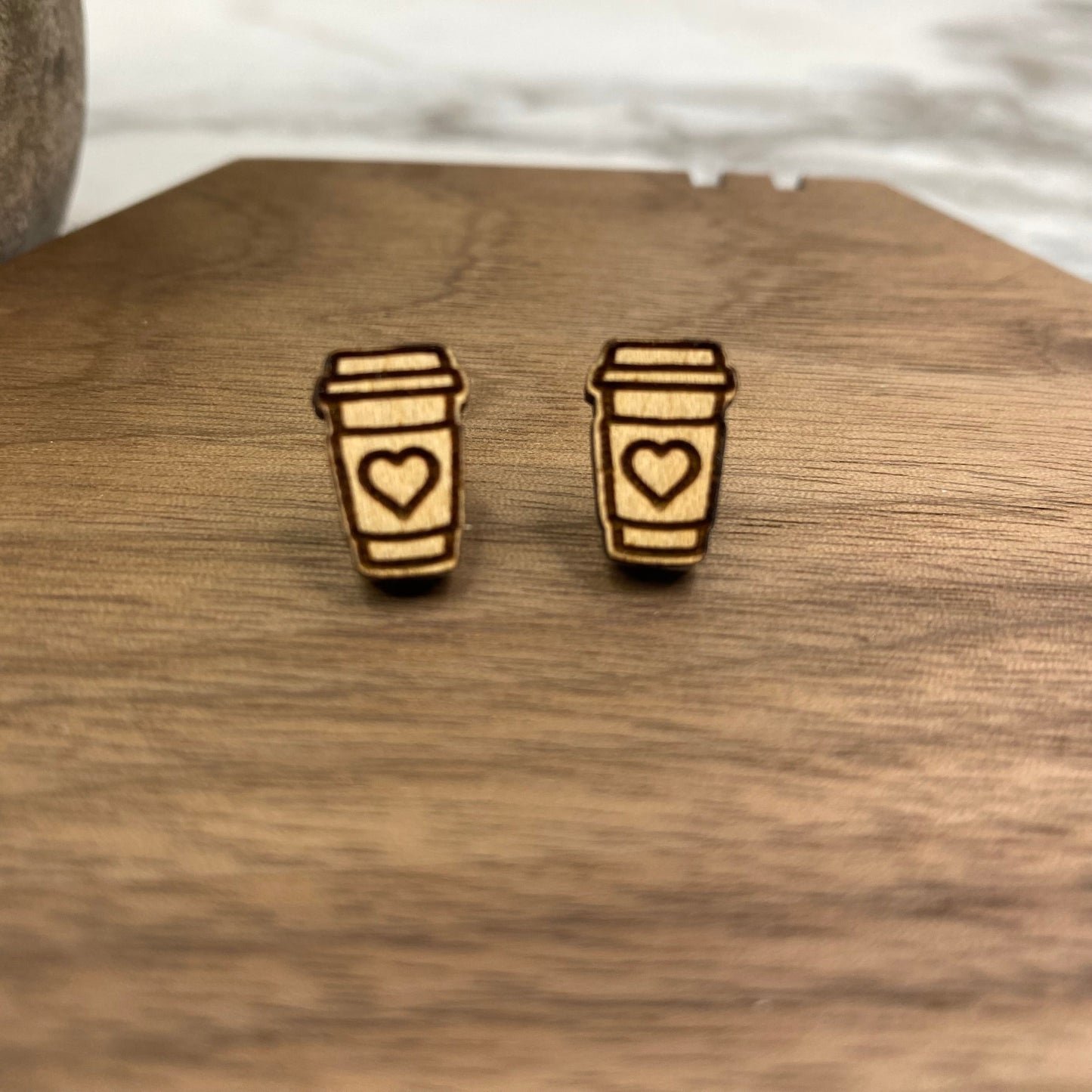 Wooden Stud Earrings - Coffee Heart #2