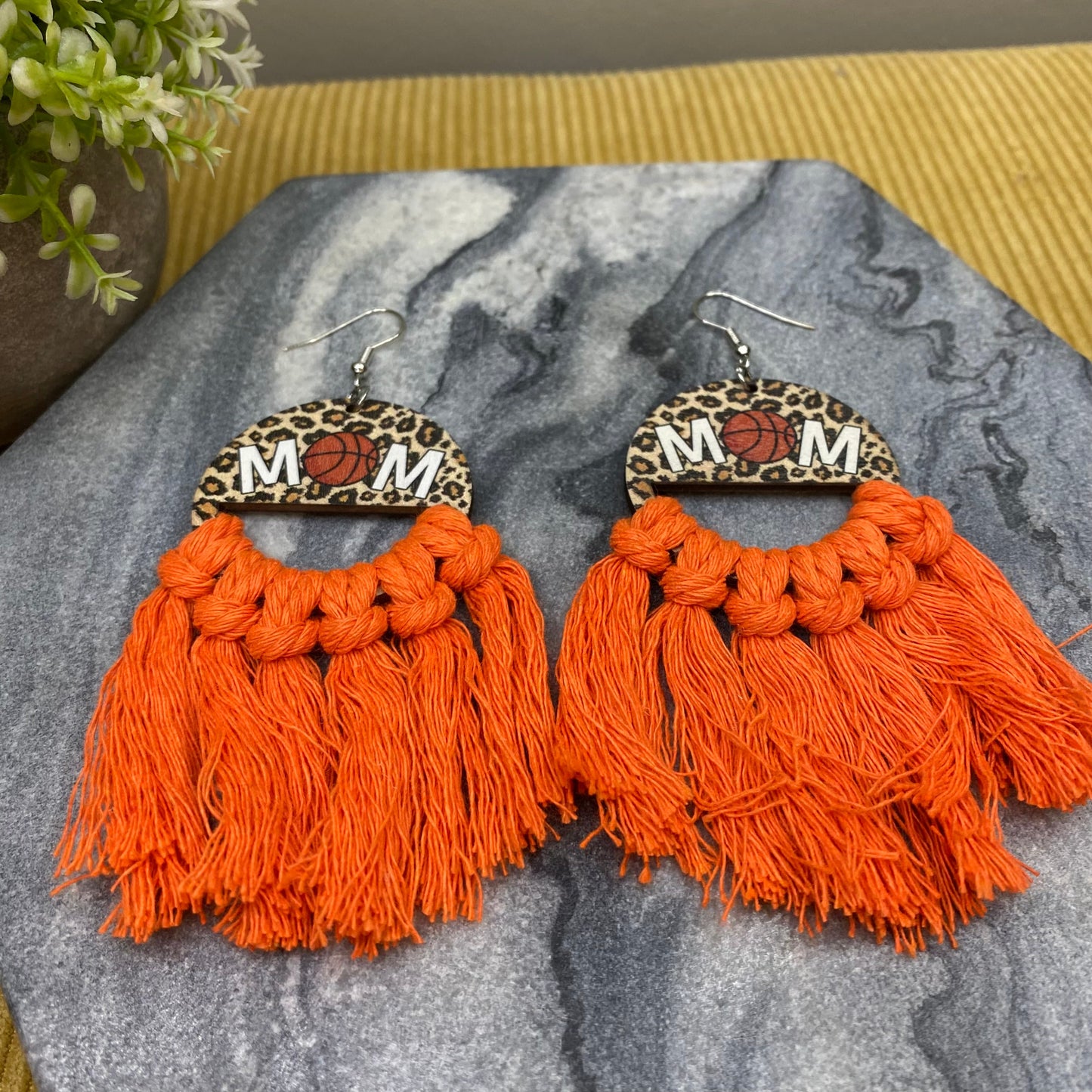 Wood & Macrame Earrings - Half BBall Mom
