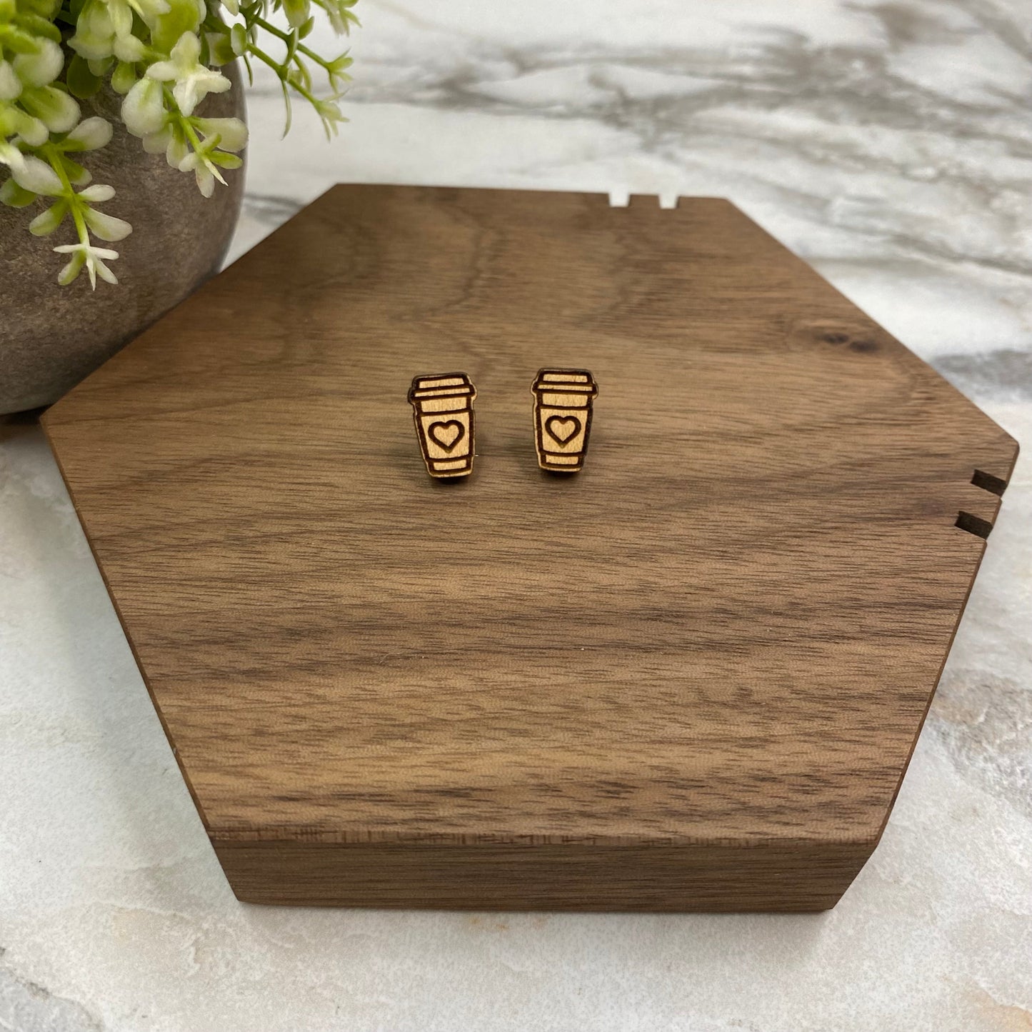 Wooden Stud Earrings - Coffee Heart #2