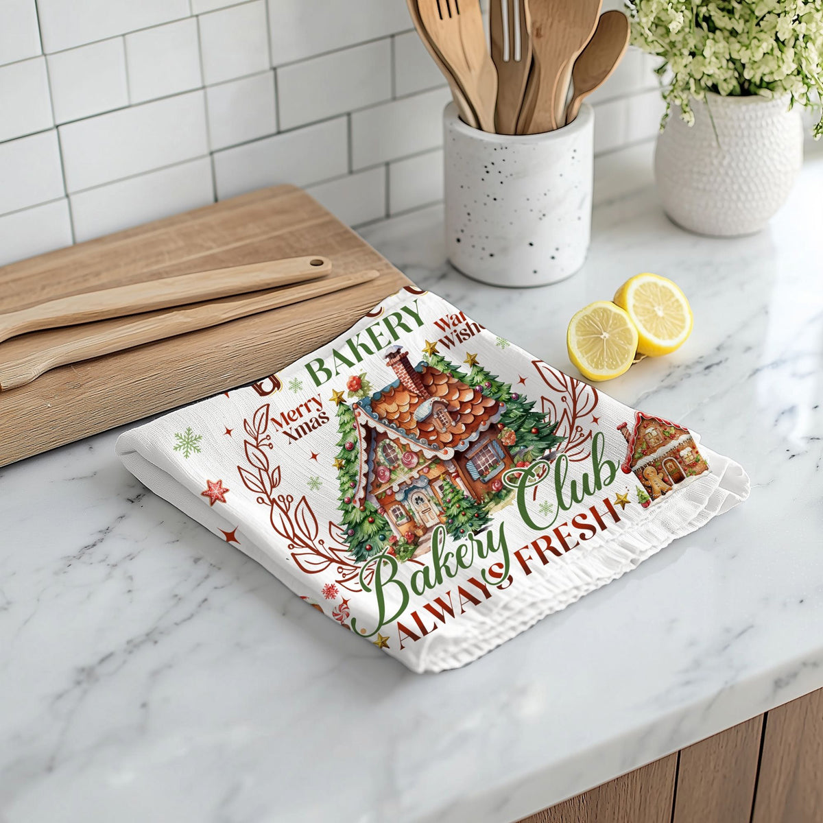 Holiday hostess gift kitchen towel
Christmas kitchen gift gingerbread design
Holiday baking enthusiast gift towel