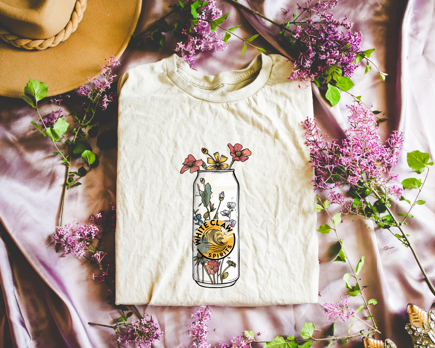 White C Spirits Can w/Flower Design Tee