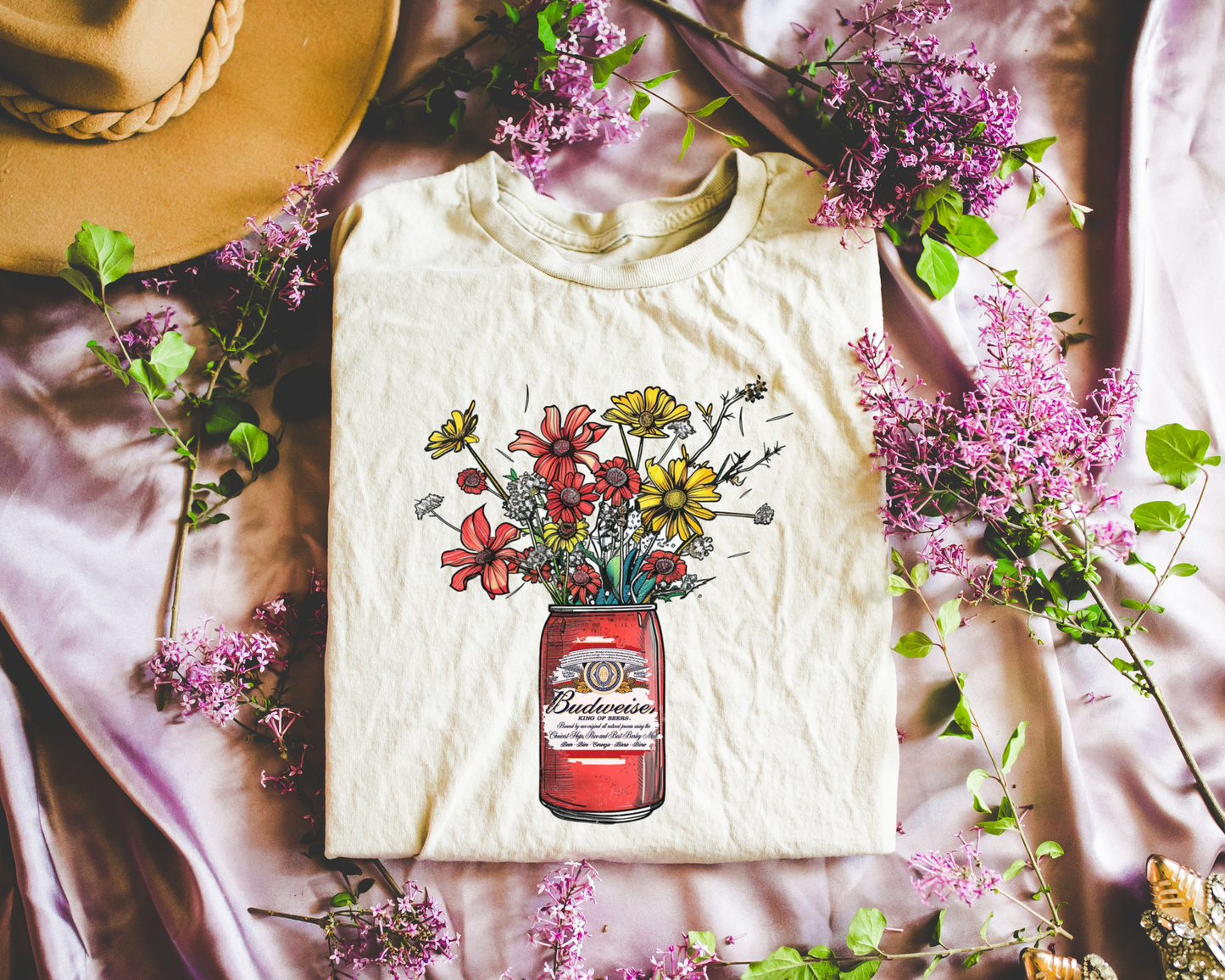 Red Bud Can Beer w/Flower Design Tee