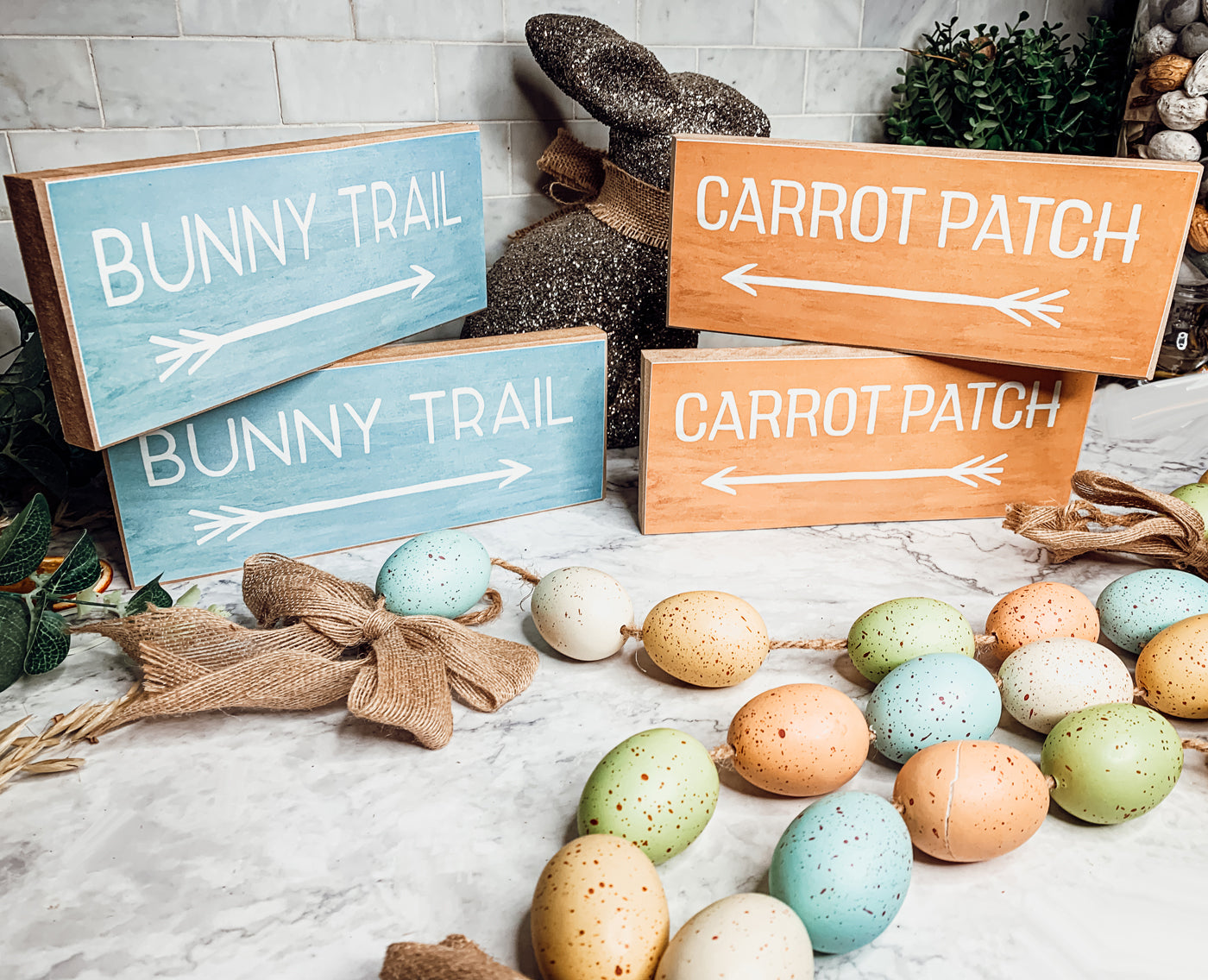 Blue Bunny Trail Arrow Sign & Orange Carrot Patch Arrow Sign