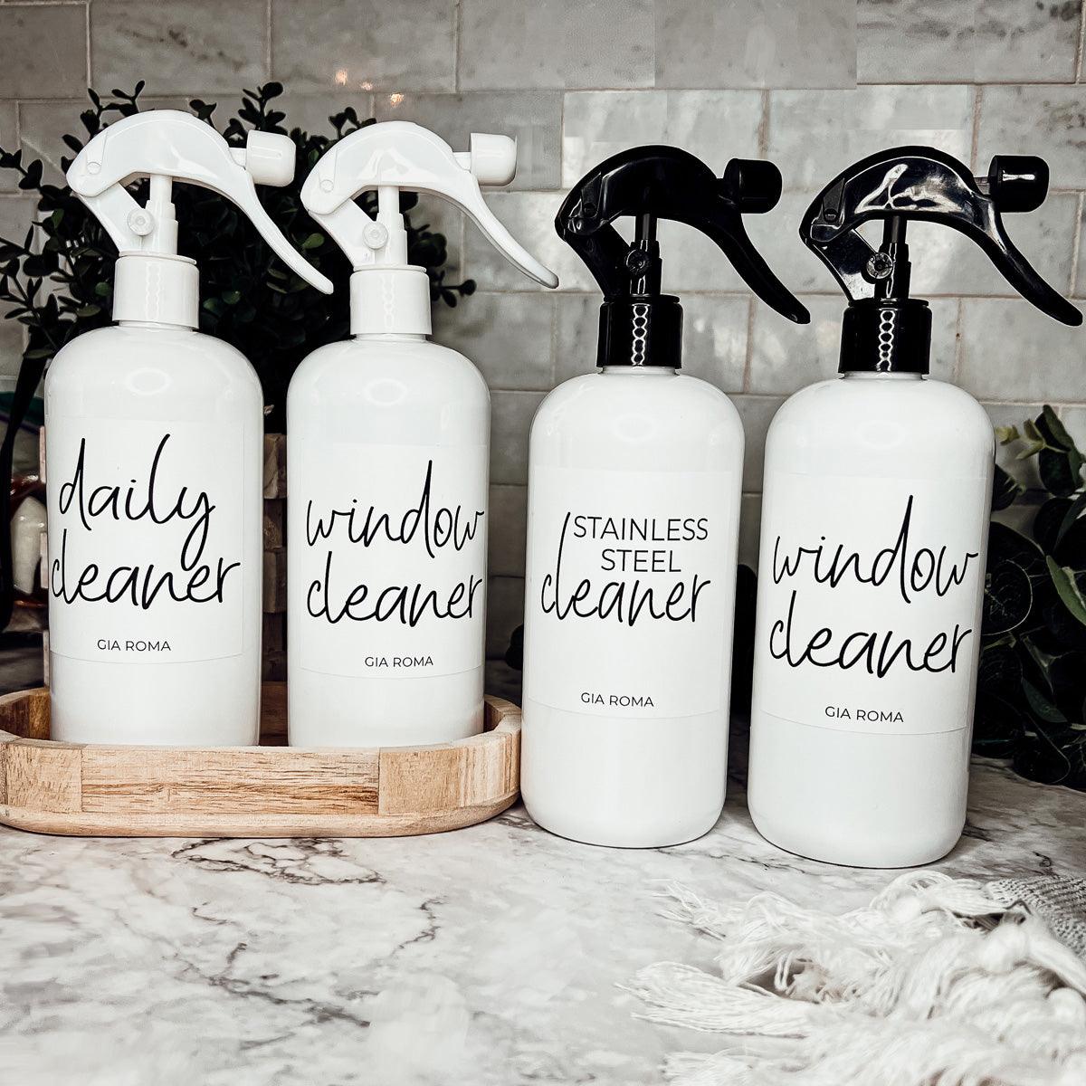 Daily Cleaning Bottles with Spray Pump, White Plastic Refillable Cleaning Bottles for Home