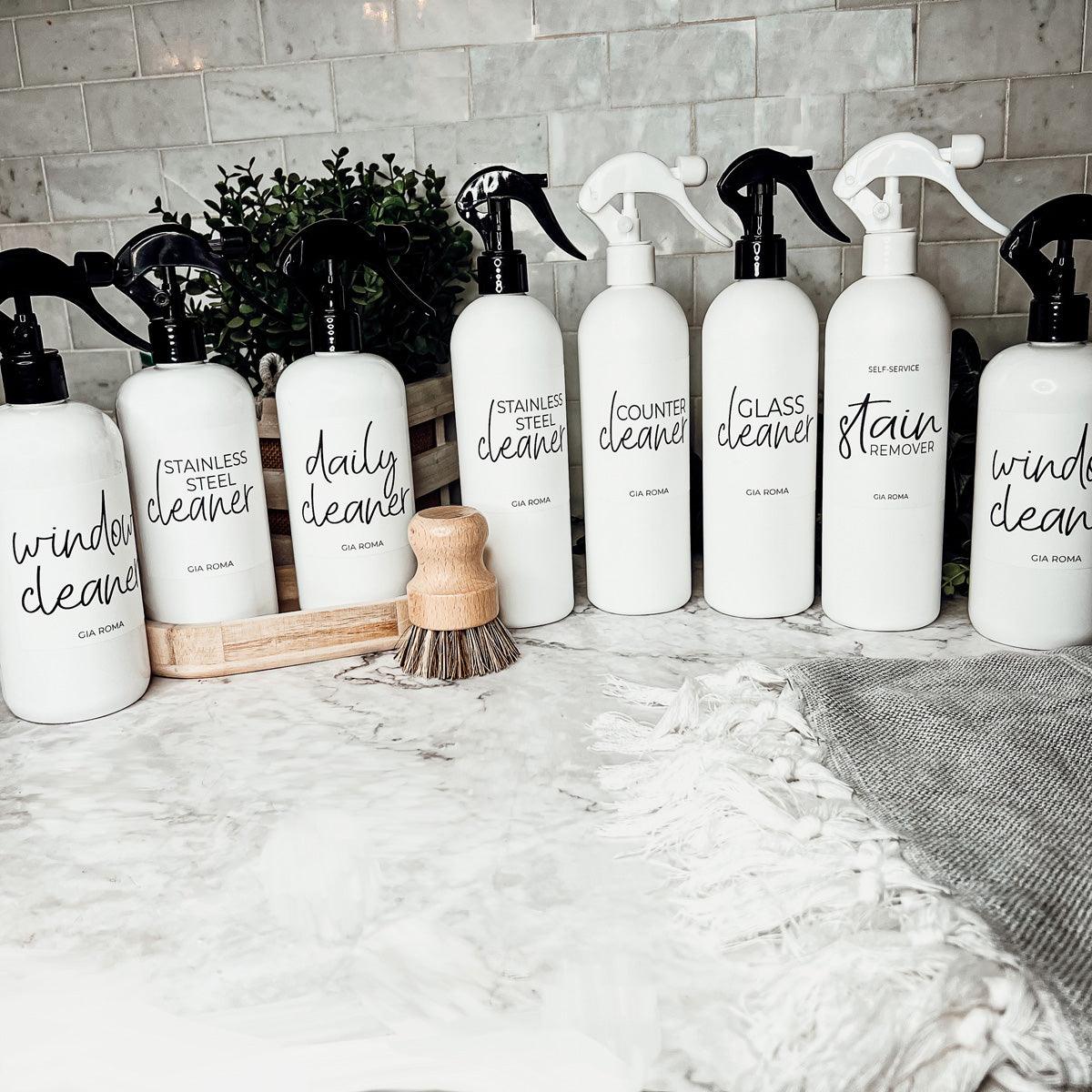 White Refillable Cleaning Bottles With Spray Pump, Plastic Cleaning Bottles for Home
