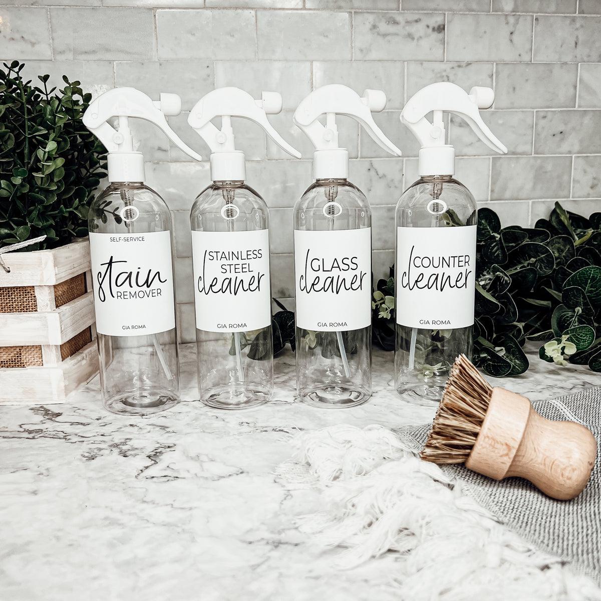 White Interior Home Cleaning Dispenser Bottles with White Spray Pump