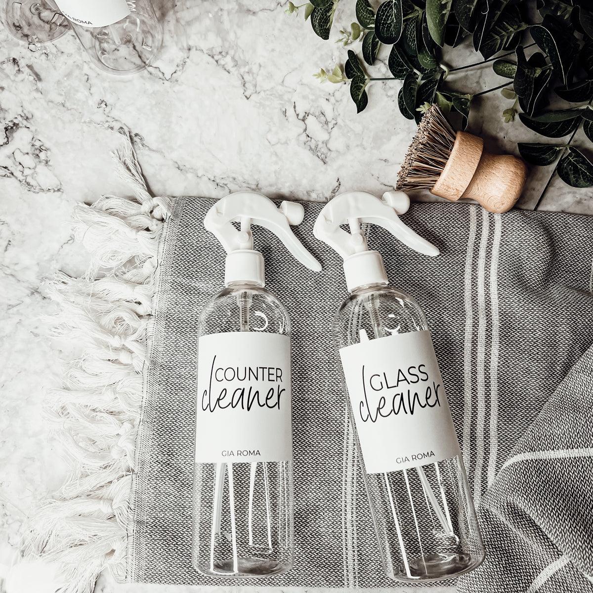 Refillable Cleaning Bottles with White Spray Pumps