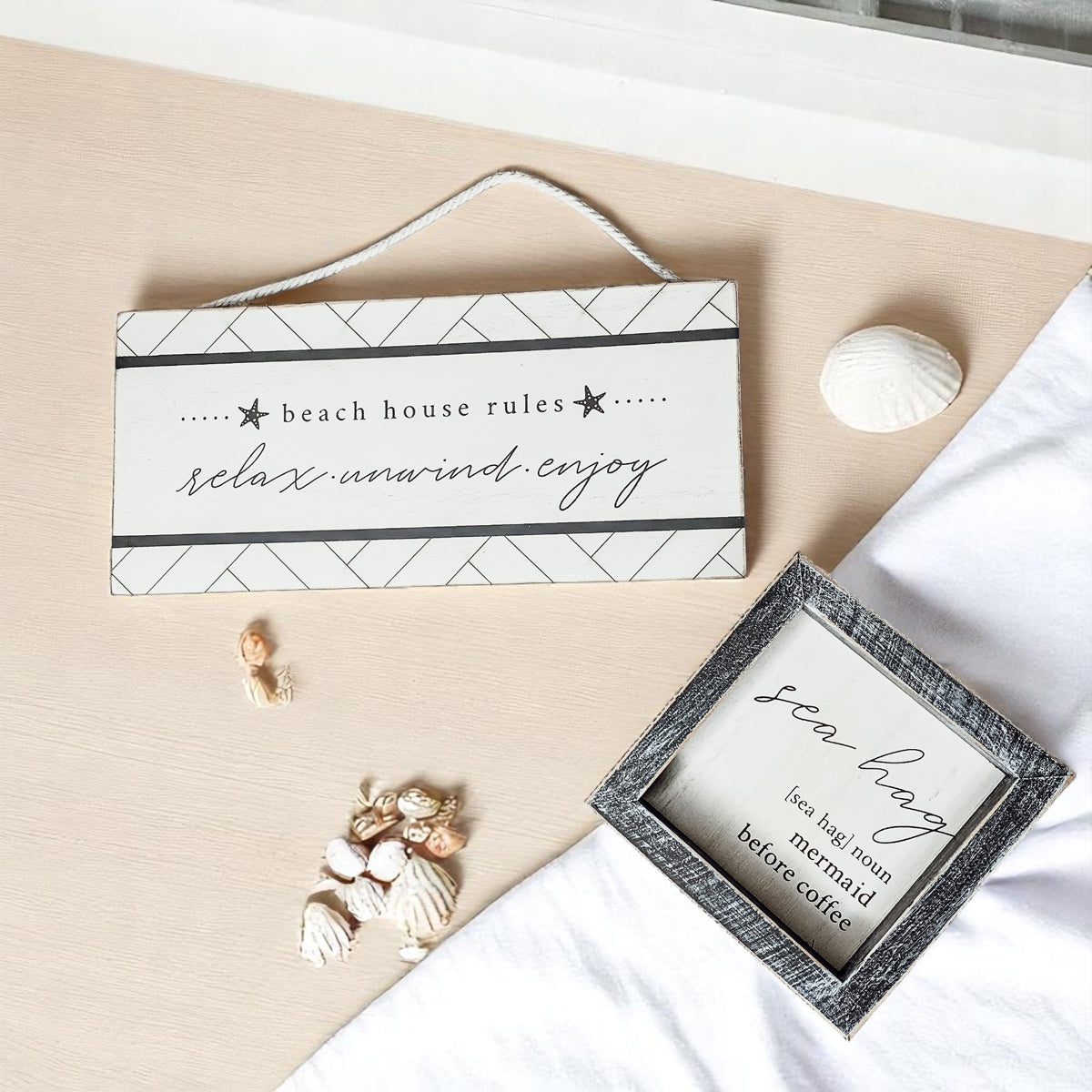 Distressed frame beach house sign with typography