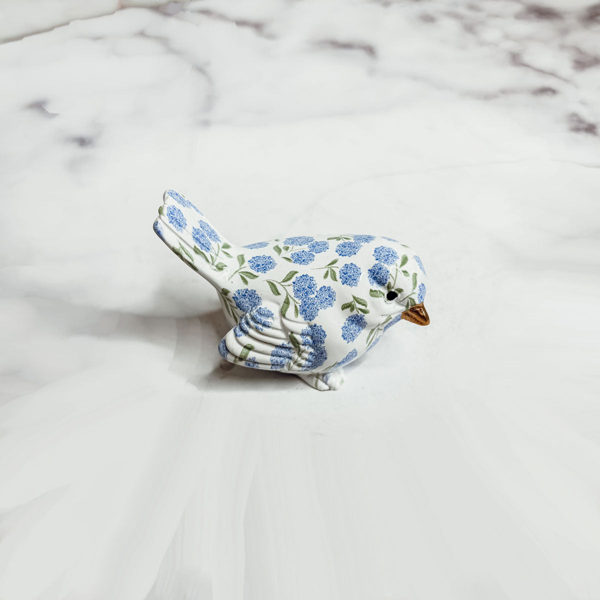 Gift-ready packaging of small resin blue hydrangea bird figurine, ideal for special occasion