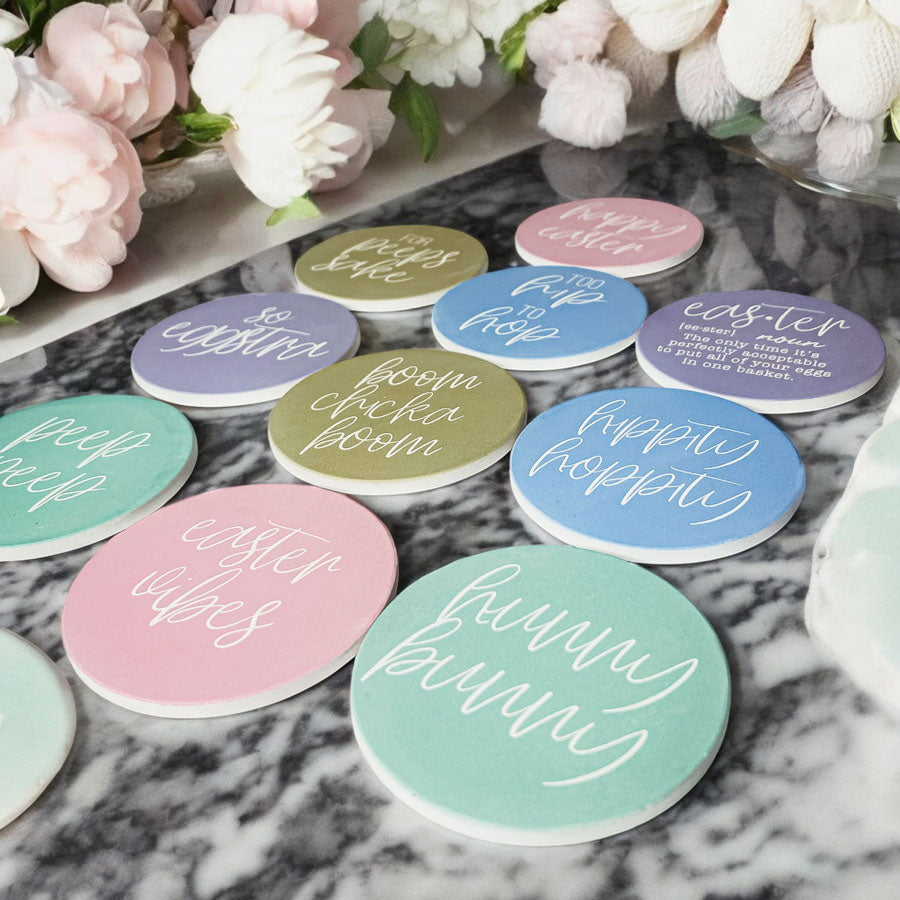 spring home decor
ceramic coasters
easter gift
funny easter decor
spring table setting
bunny home decor
easter entertaining
pastel home accent
easter hostess gift
spring party decor
easter pun decor
