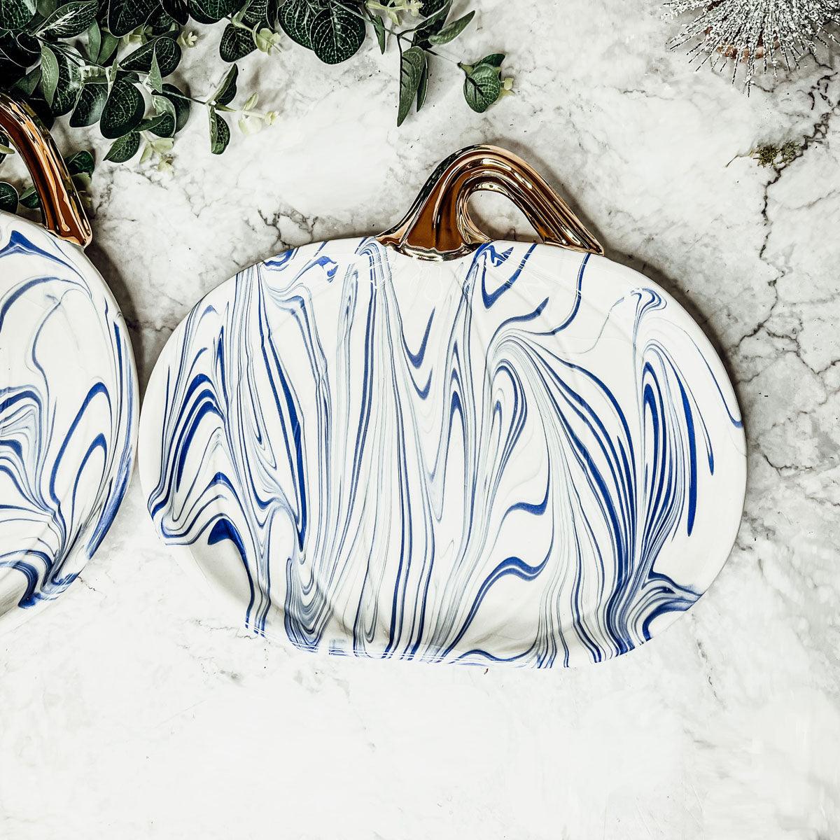 Pumpkin Shaped Charcuterie Boards blue and white