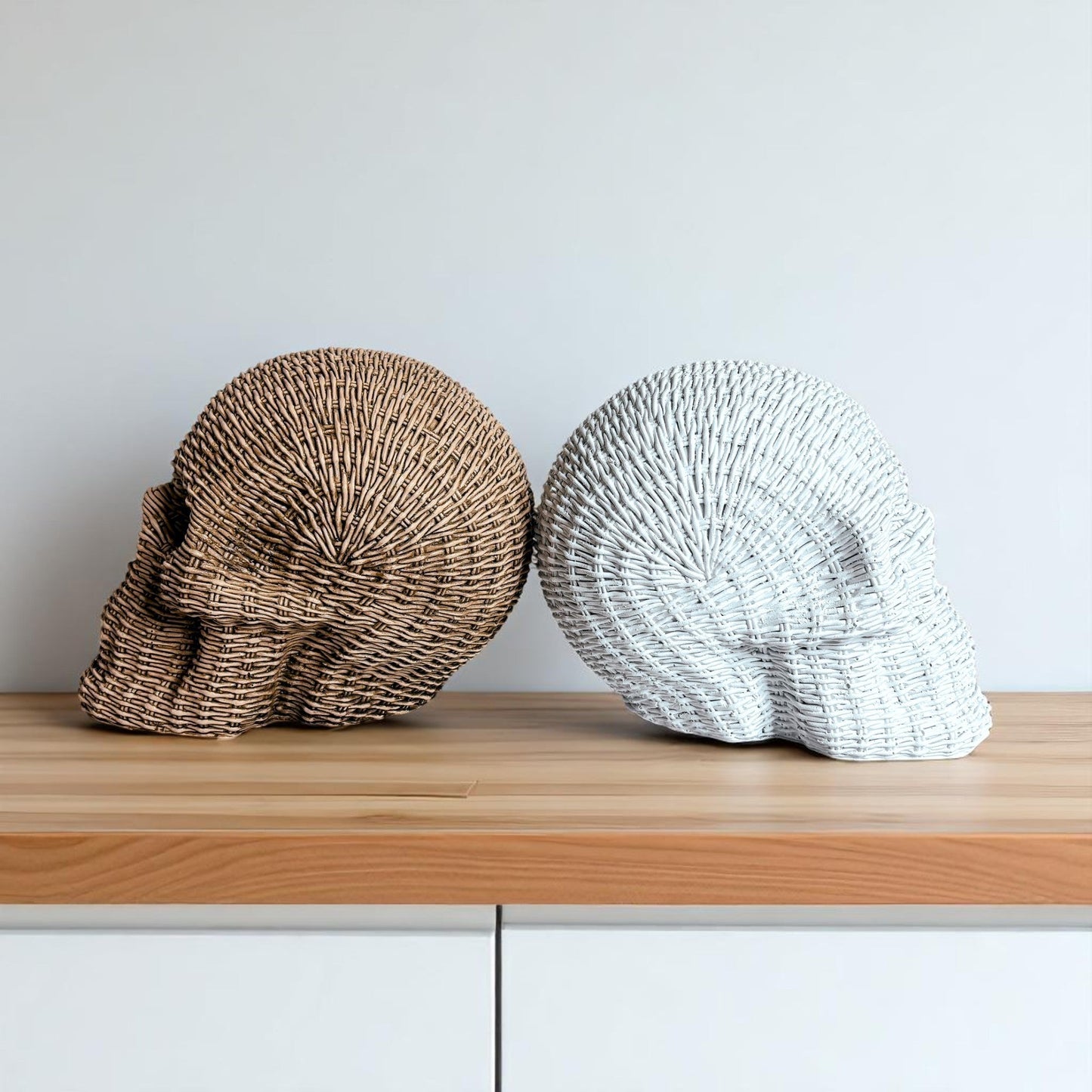 luxury skull decor rattan basketweave style resin neutral brown white halloween fall table accent wicker look