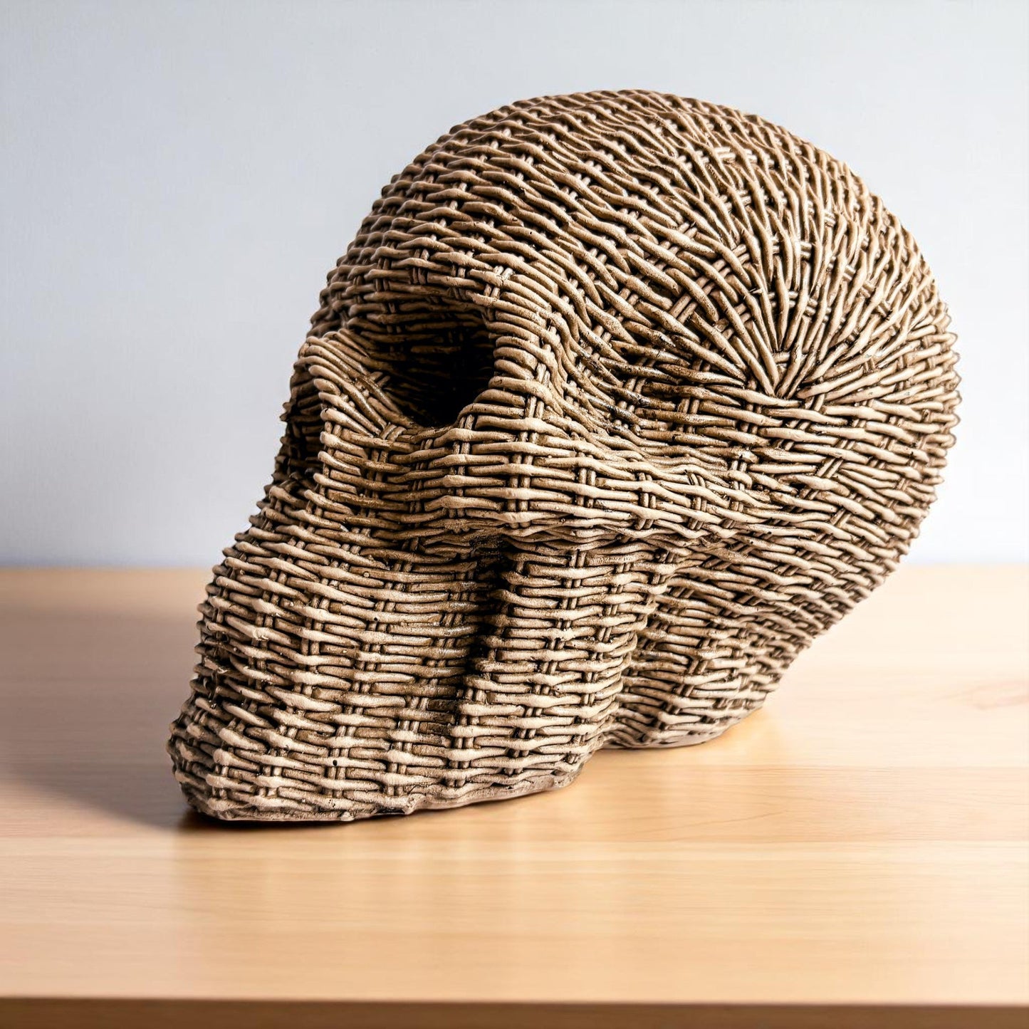 spooky season decor resin skull heads rattan basketweave style neutral brown white halloween fall gothic accent
Skull Statues Handmade