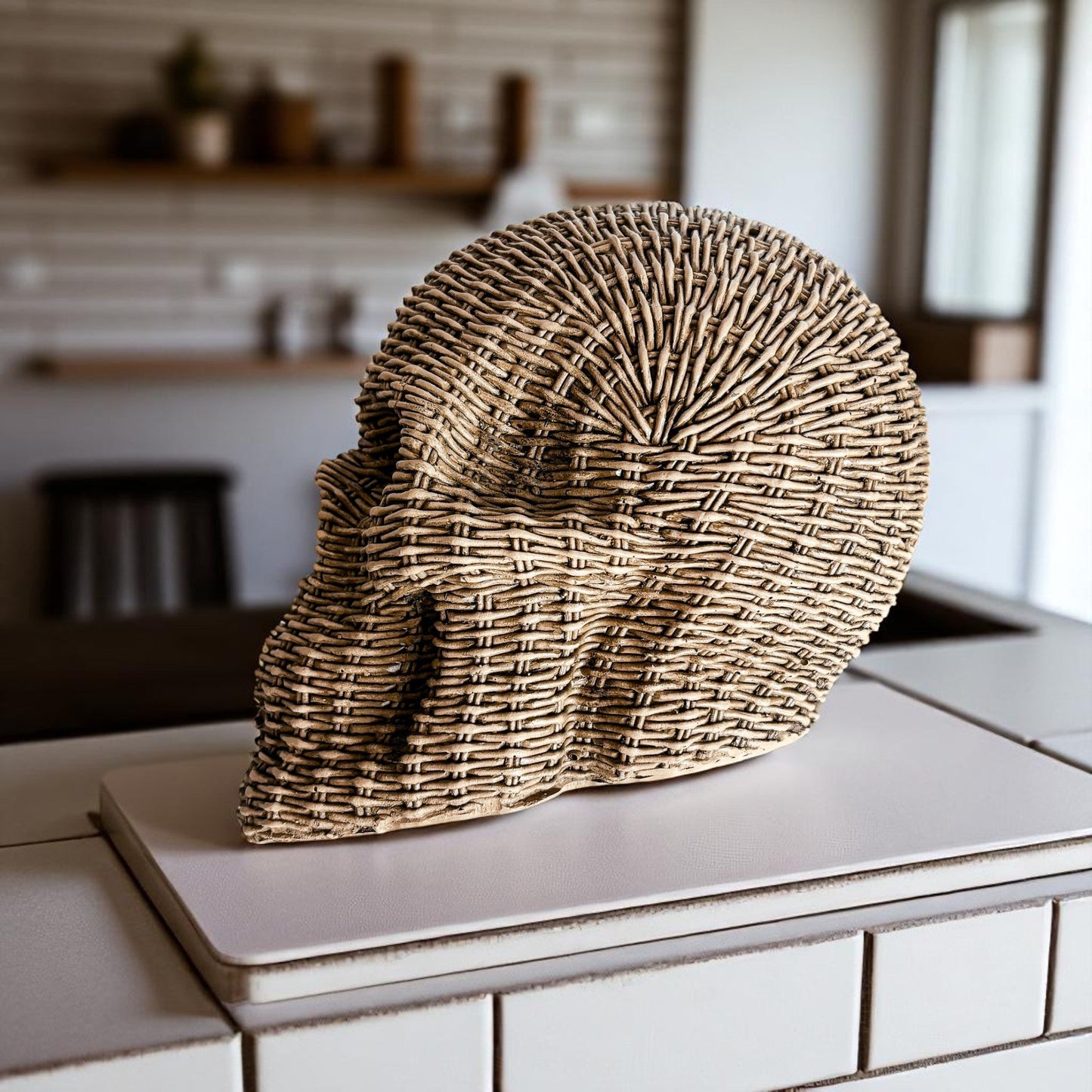 weather resistant skull decor rattan basketweave style resin neutral brown white halloween fall durable gothic accent
Halloween Figurines for shelves and mantles