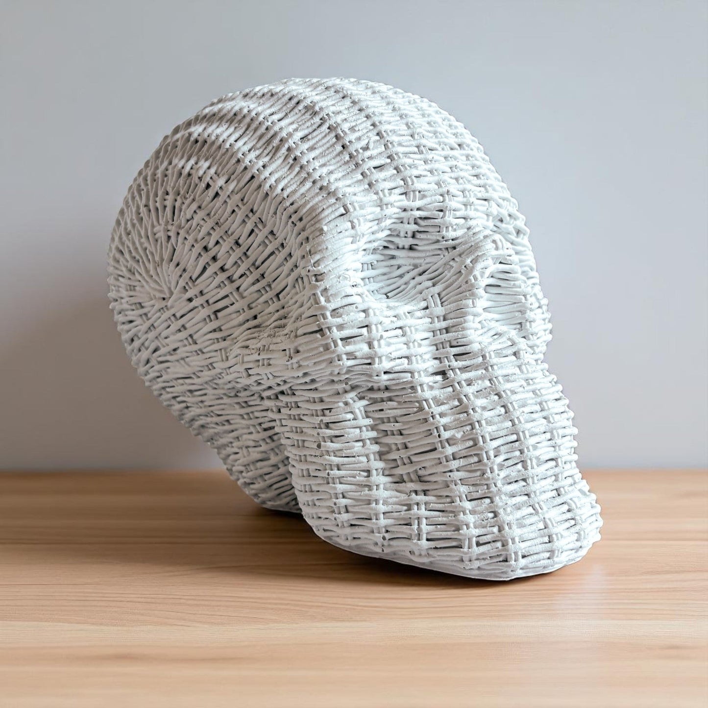 designer spooky decor resin skull heads rattan basketweave style neutral brown white halloween fall wicker look
upscale halloween skull decor rattan basketweave texture neutral brown white fall gothic accent wicker style