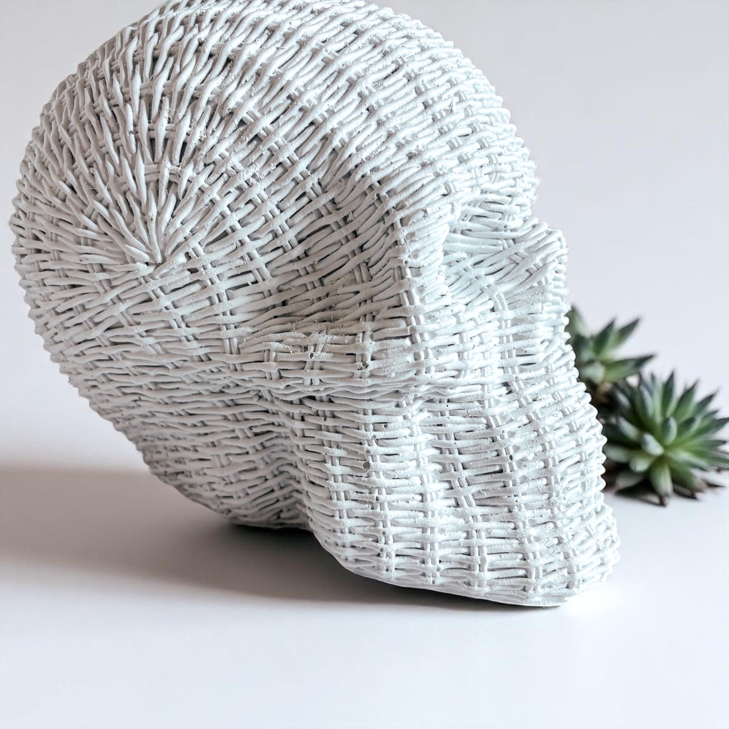 gothic farmhouse skull decor rattan basketweave style neutral brown white halloween fall table accent wicker texture
