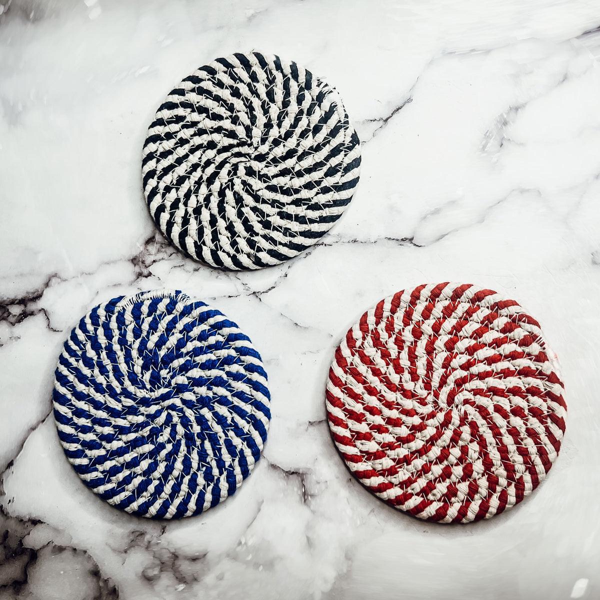 Nautical gift blue and white rope coasters coastal style
Seaside blue white braided rope coasters home accessories
Ocean themed blue and white braided coasters coastal decor