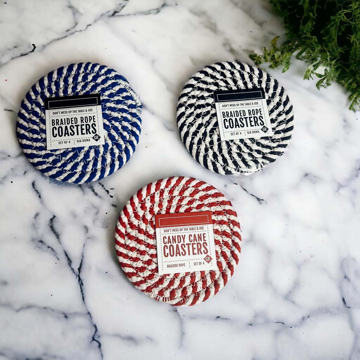 Nautical rope coasters braided design blue white gift set
Classic blue white braided coasters handmade coastal accessories
Ocean blue and white rope coasters braided coastal decor