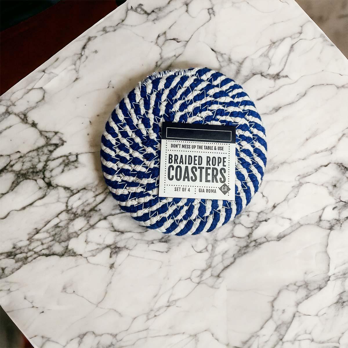 Ocean vibes blue and white braided coasters coastal decor
Beachy blue white braided rope coasters nautical home gift