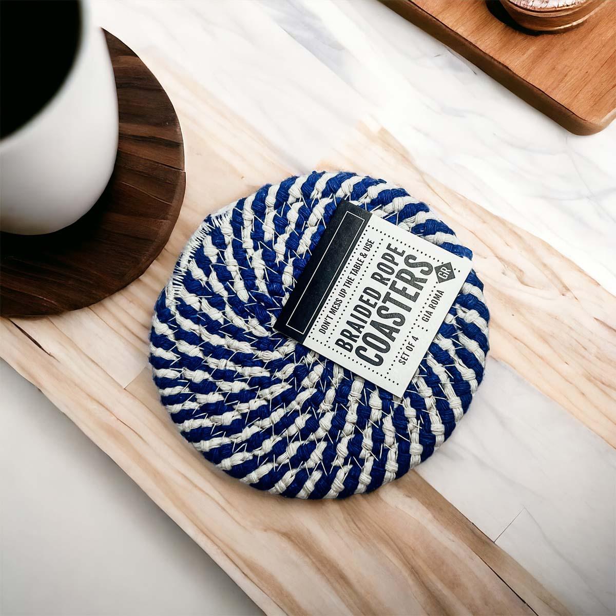 Artisan blue white rope coasters braided design nautical decor
Premium blue and white braided coasters handmade coastal accessories
Designer blue white braided rope coasters nautical gift set