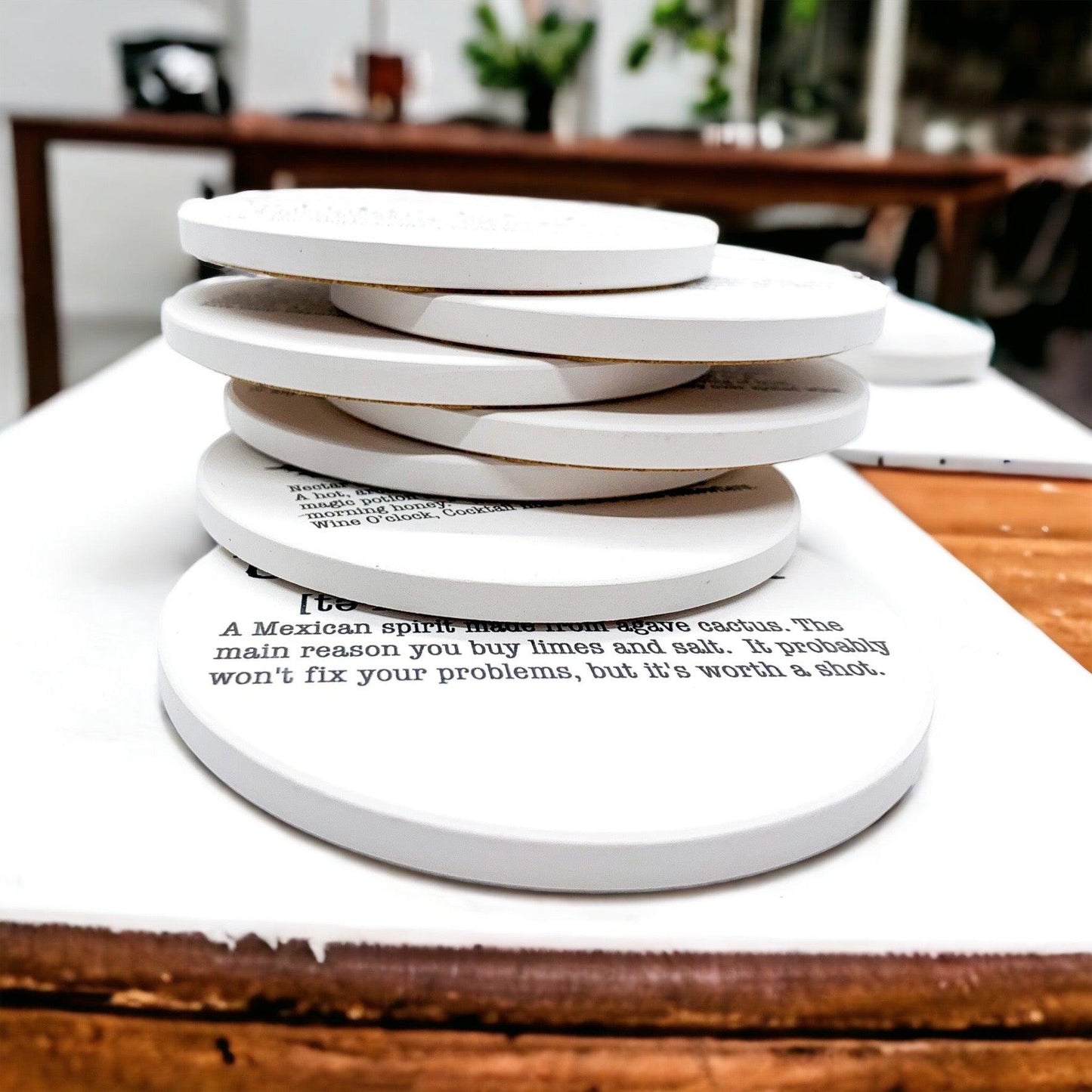 Cocktail party ceramic coasters
Bar cart accessories with humor
Happy hour definition coasters
Wine tasting party coasters
