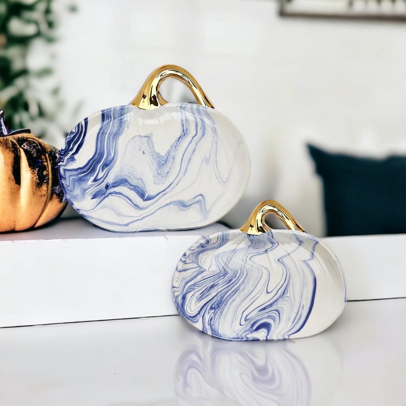Gold Stem Pumpkin Plates for Kitchen, Marbled Pumpkins High End