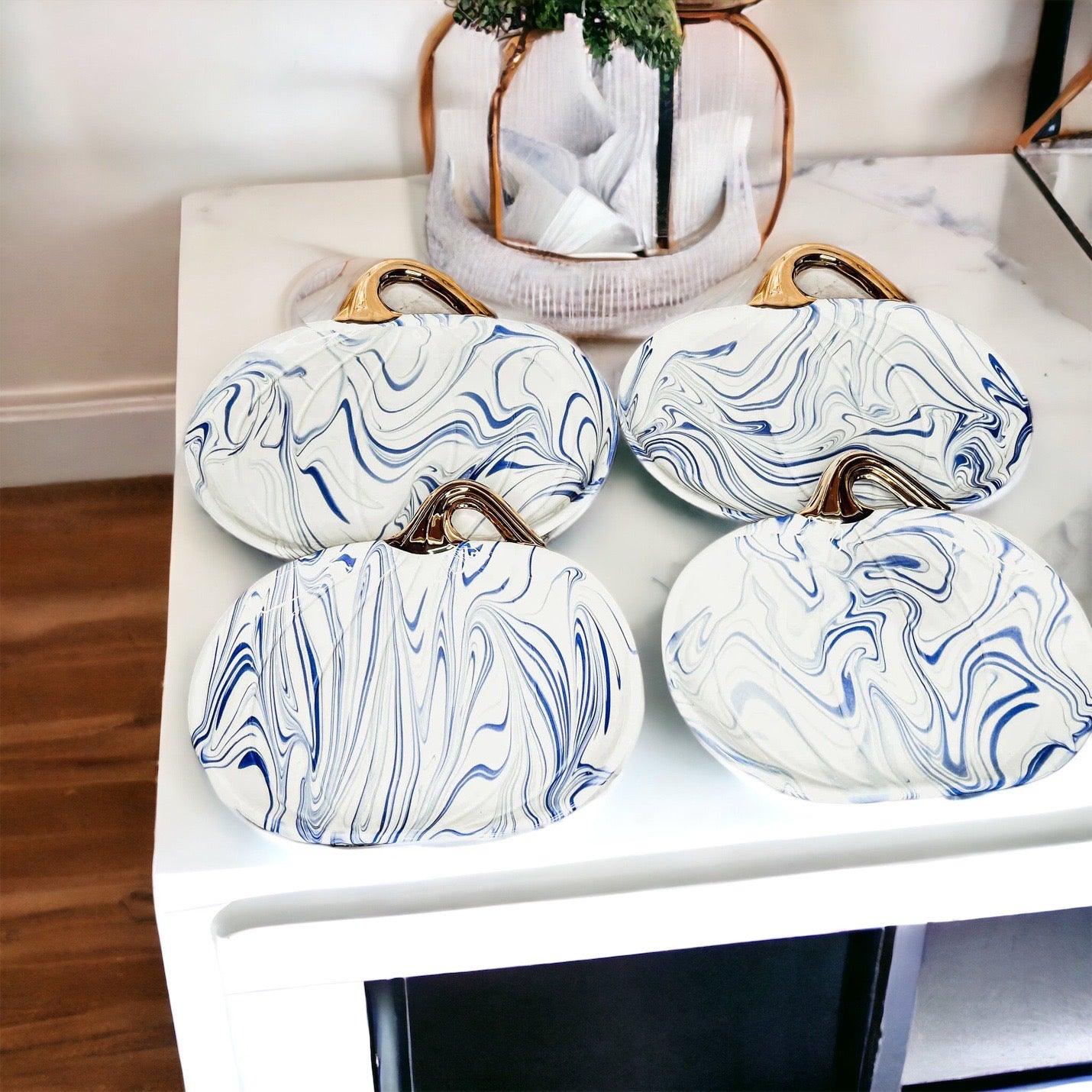 Handmade Pumpkins Ceramic, Blue and Gold Pumpkin Decorations for Kitchen