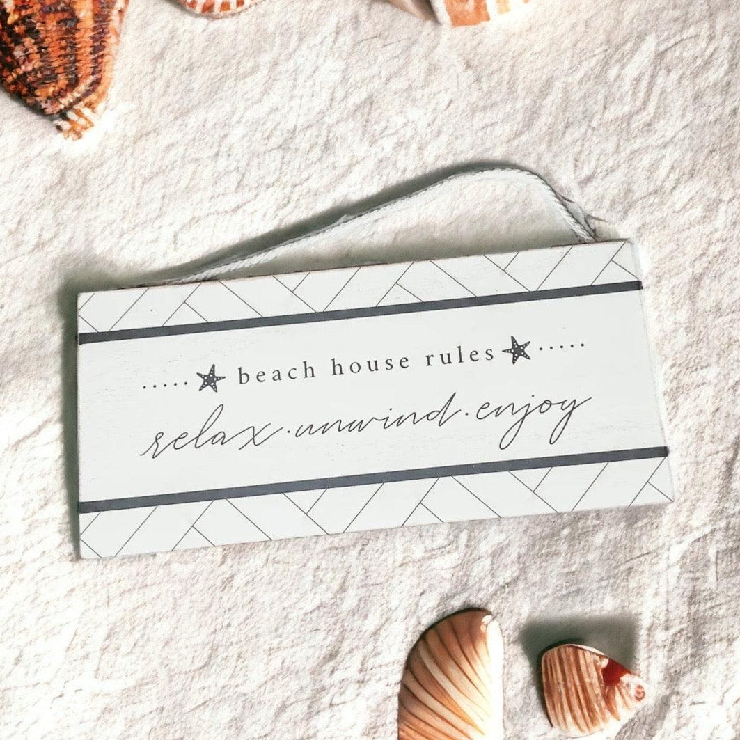 Beach house rules wooden sign with geometric border and rope hanging