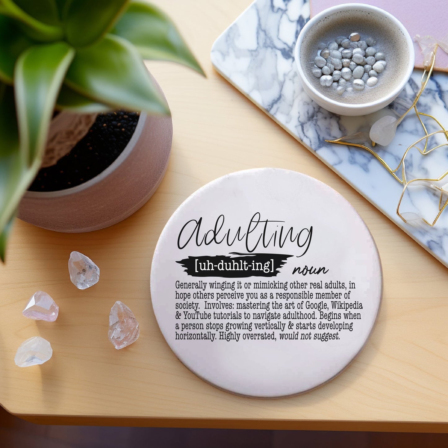 Funny ceramic coasters in modern home setting
Mom life coasters for coffee table decor