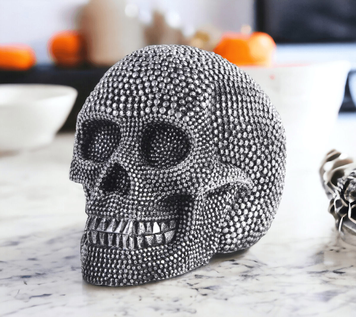 Silver Skeleton Head Statue
