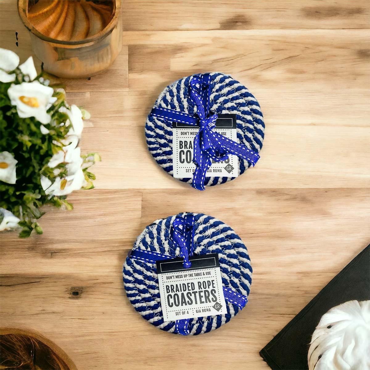 Coastal boho blue white braided rope coasters gift set
Handcrafted blue and white braided rope coasters set of 4 coastal
