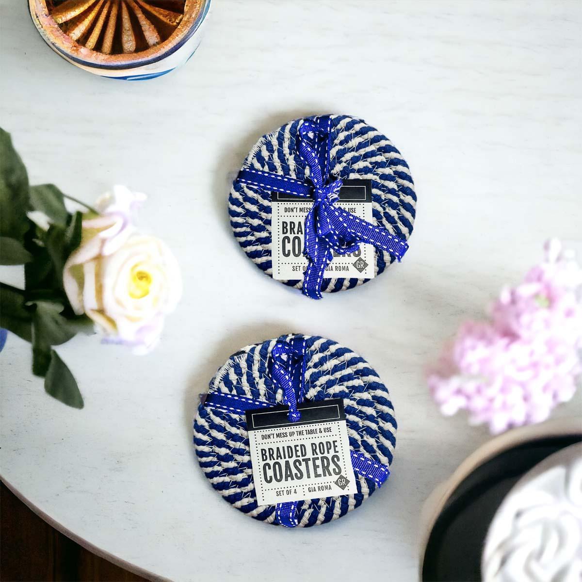 Natural rope coasters blue and white braided coastal decor
Woven blue white rope coasters braided nautical home accessories
Textured blue and white braided rope coasters coastal gift set