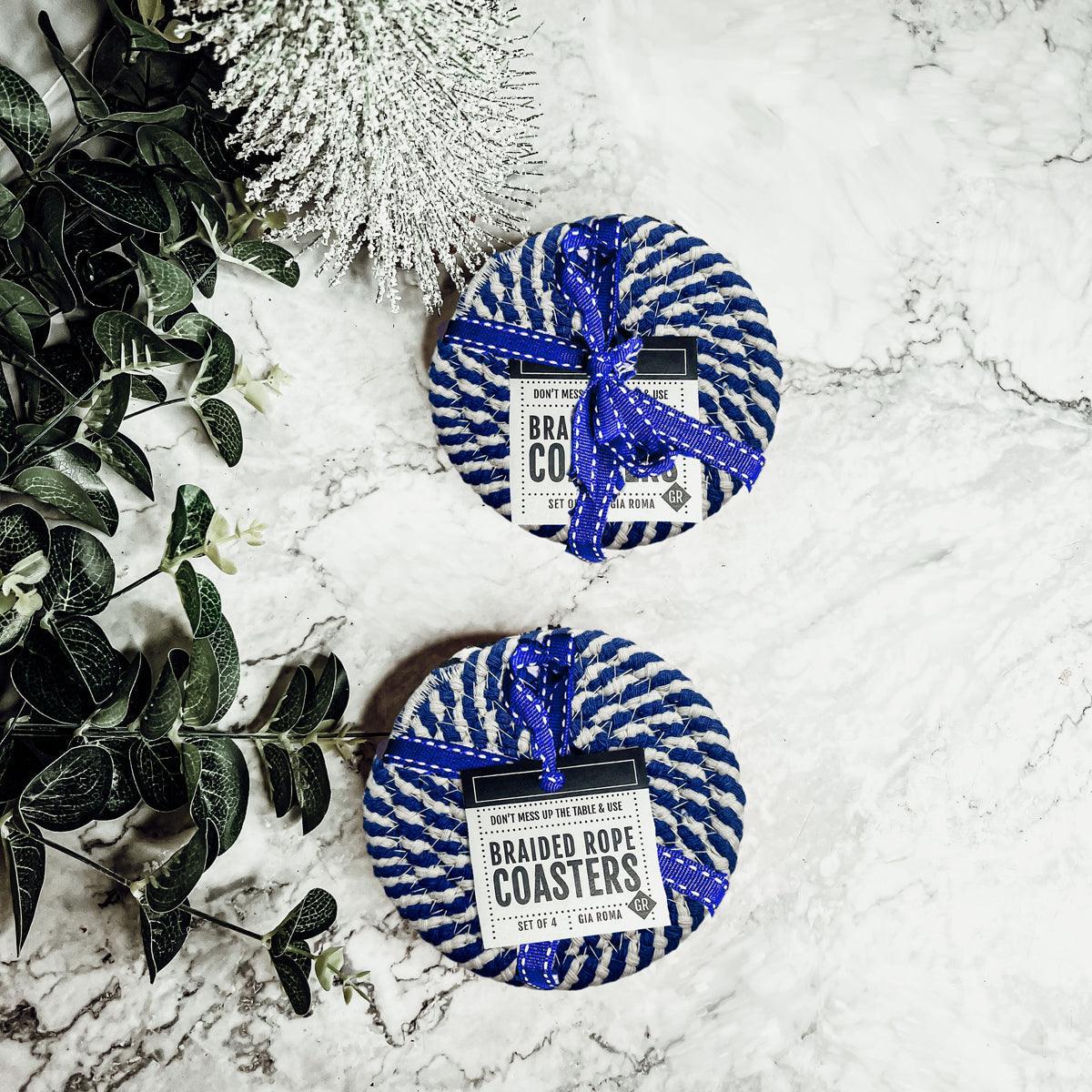Stylish blue white braided rope coasters coastal gift set
Set of four blue and white braided rope coasters coastal
4 piece blue white braided coasters nautical home decor