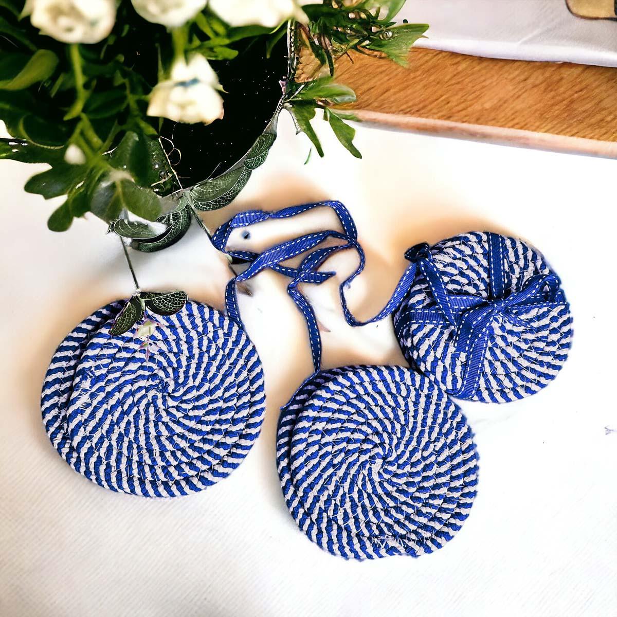 Coffee table coasters blue and white braided coastal accessories
Bar coasters blue white braided rope beach house decor
Entertaining coasters blue and white braided rope coastal gift