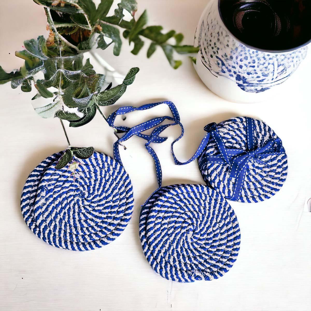 High quality blue white braided rope coasters coastal decor
Durable blue and white braided coasters nautical accessories gift
Premium quality blue white rope coasters braided coastal