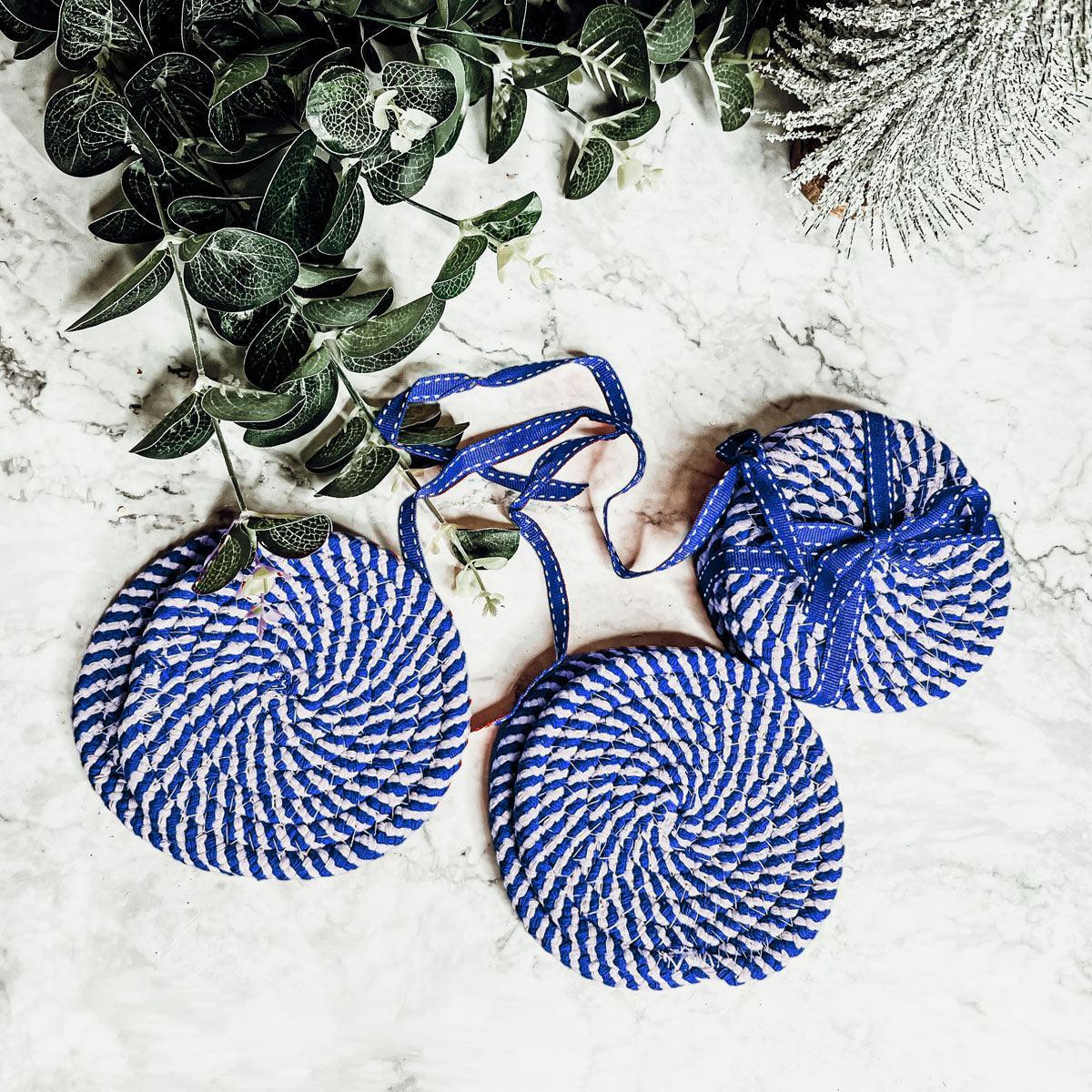 Blue and white braided rope coasters gift set coastal home
Hostess gift blue white braided coasters nautical home decor
Housewarming gift blue and white rope coasters coastal style