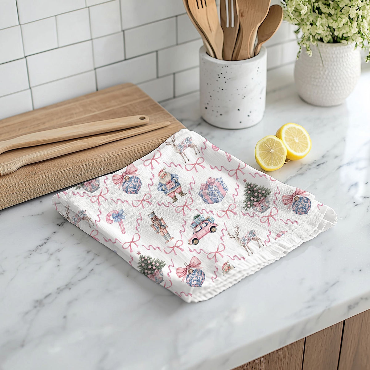 Chinoiserie Christmas kitchen decor towels pink blue
Premium cotton Christmas dish towels hanging loop