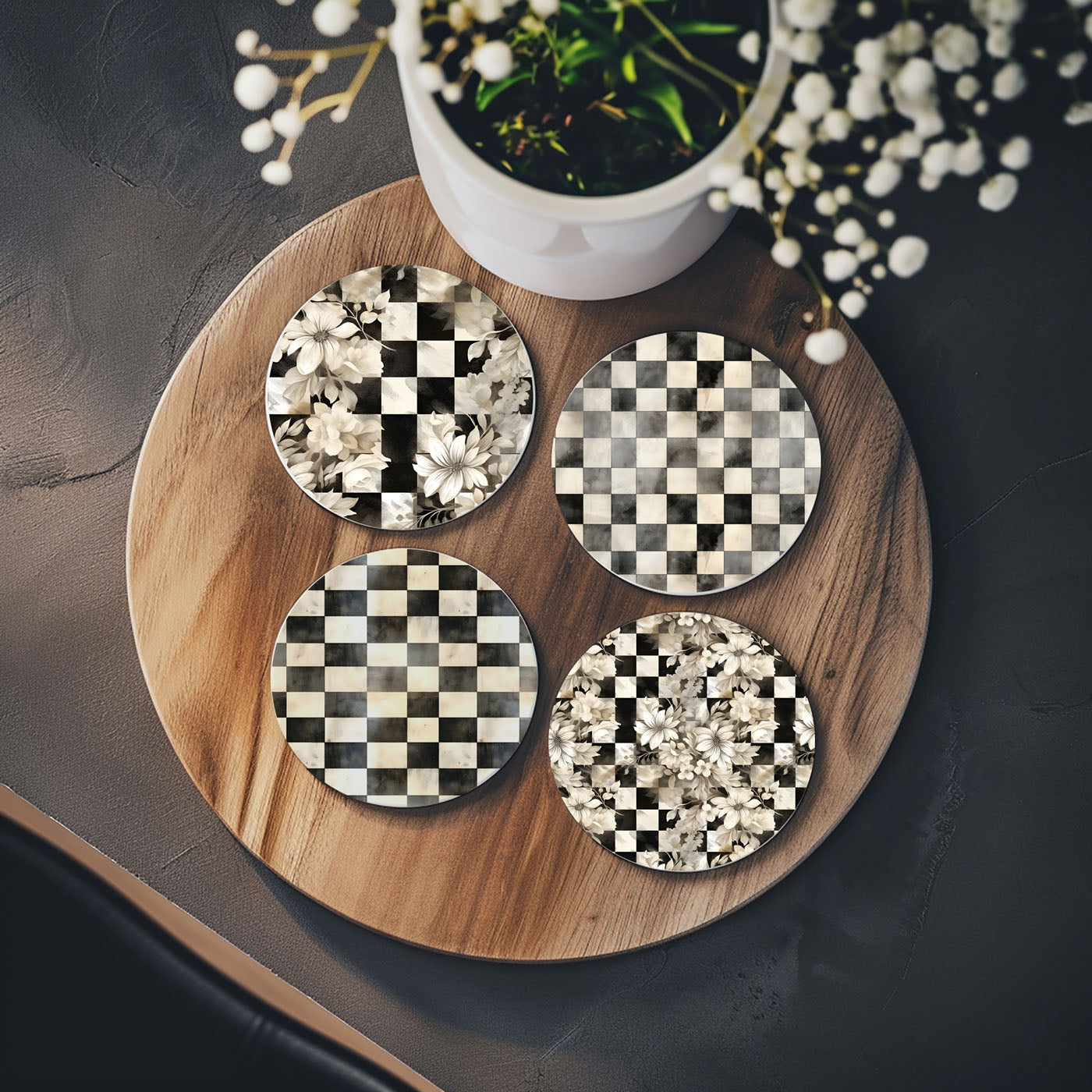 Designer black and white coasters in modern farmhouse setting
Luxury checkered coasters for elegant table settings
Black and white check coasters for sophisticated entertaining
Vintage inspired check pattern coasters for home decor