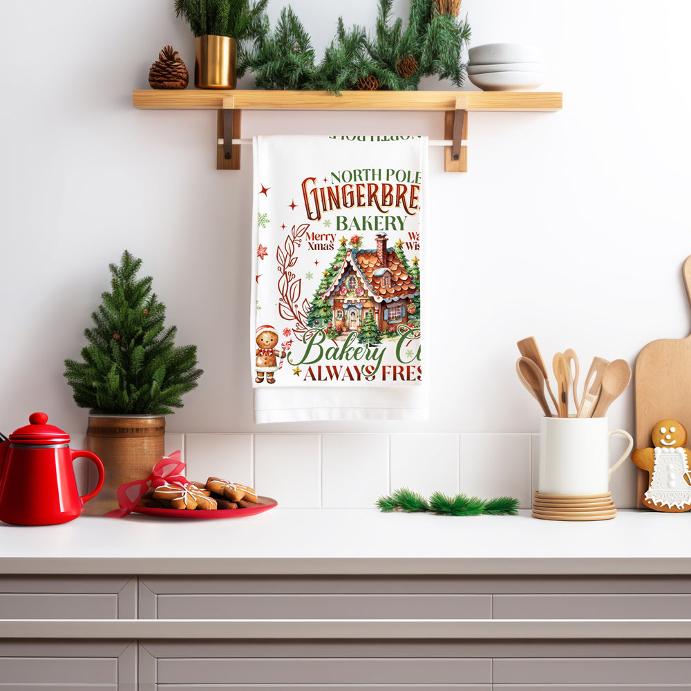 Holiday gingerbread kitchen accessories
Whimsical Christmas kitchen towel design
Cute Christmas kitchen decor towel