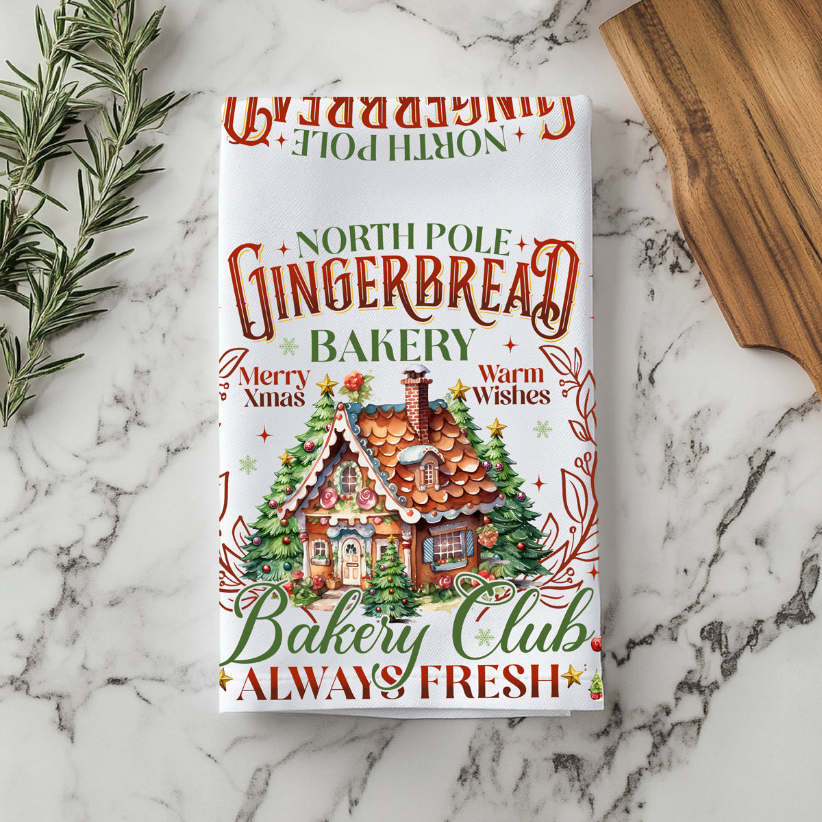 Gingerbread house Christmas kitchen towel cotton
North Pole bakery kitchen towel holiday design
Christmas gingerbread kitchen towel flour sack