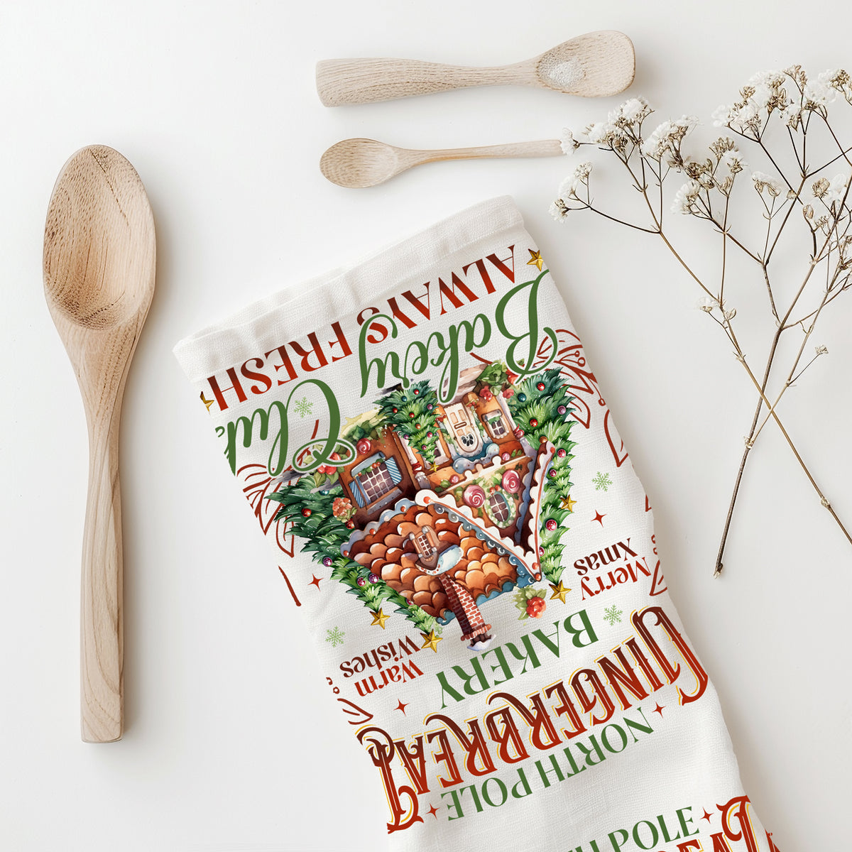 Holiday baking accessories kitchen towel
Christmas kitchen essentials gingerbread
Seasonal dish towel gingerbread house