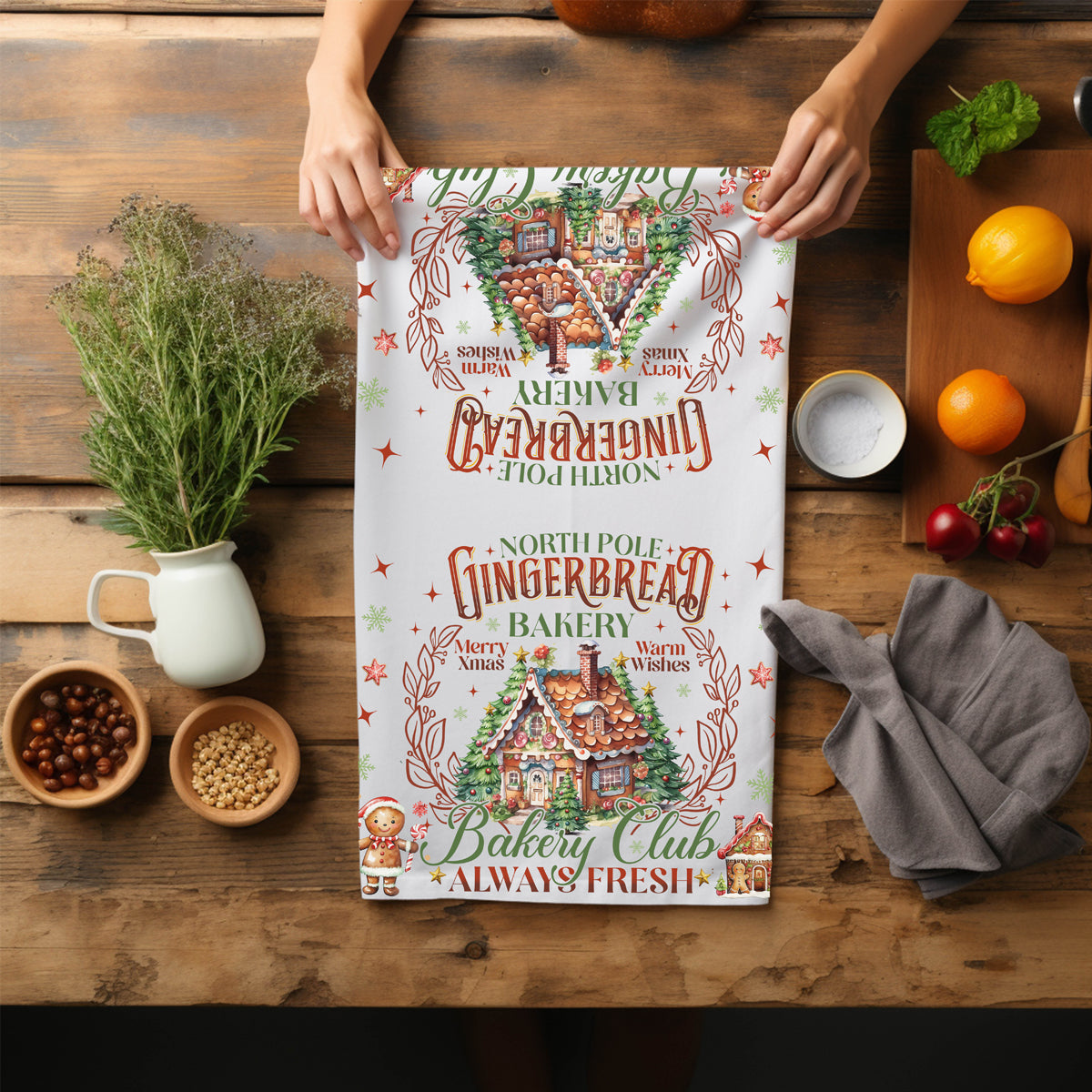 North Pole Christmas kitchen towel premium
Christmas kitchen towel gingerbread theme
Holiday kitchen linens gingerbread house