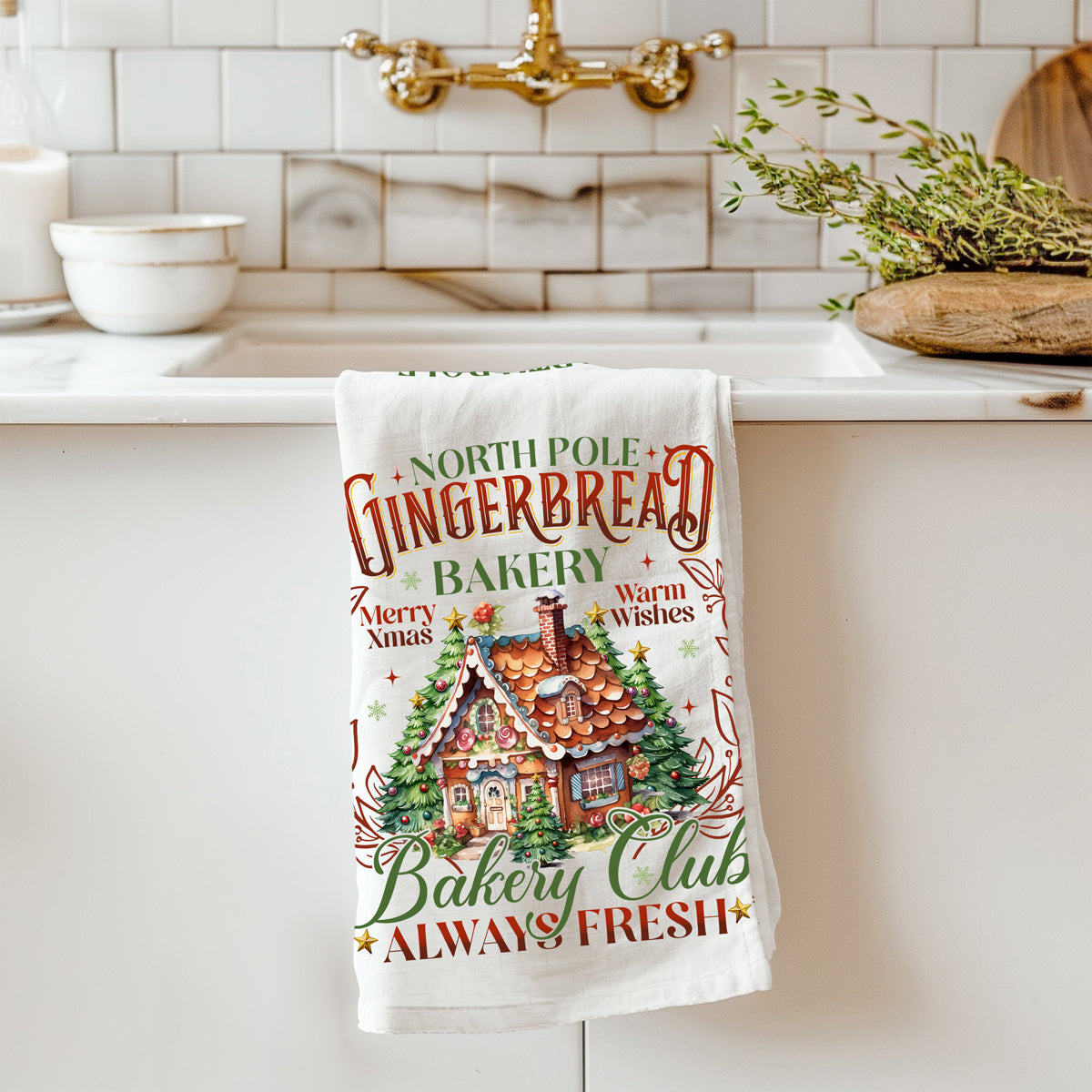 Holiday cooking towel Christmas design
Christmas kitchen decor gingerbread bakery
Gingerbread Christmas kitchen towel gift