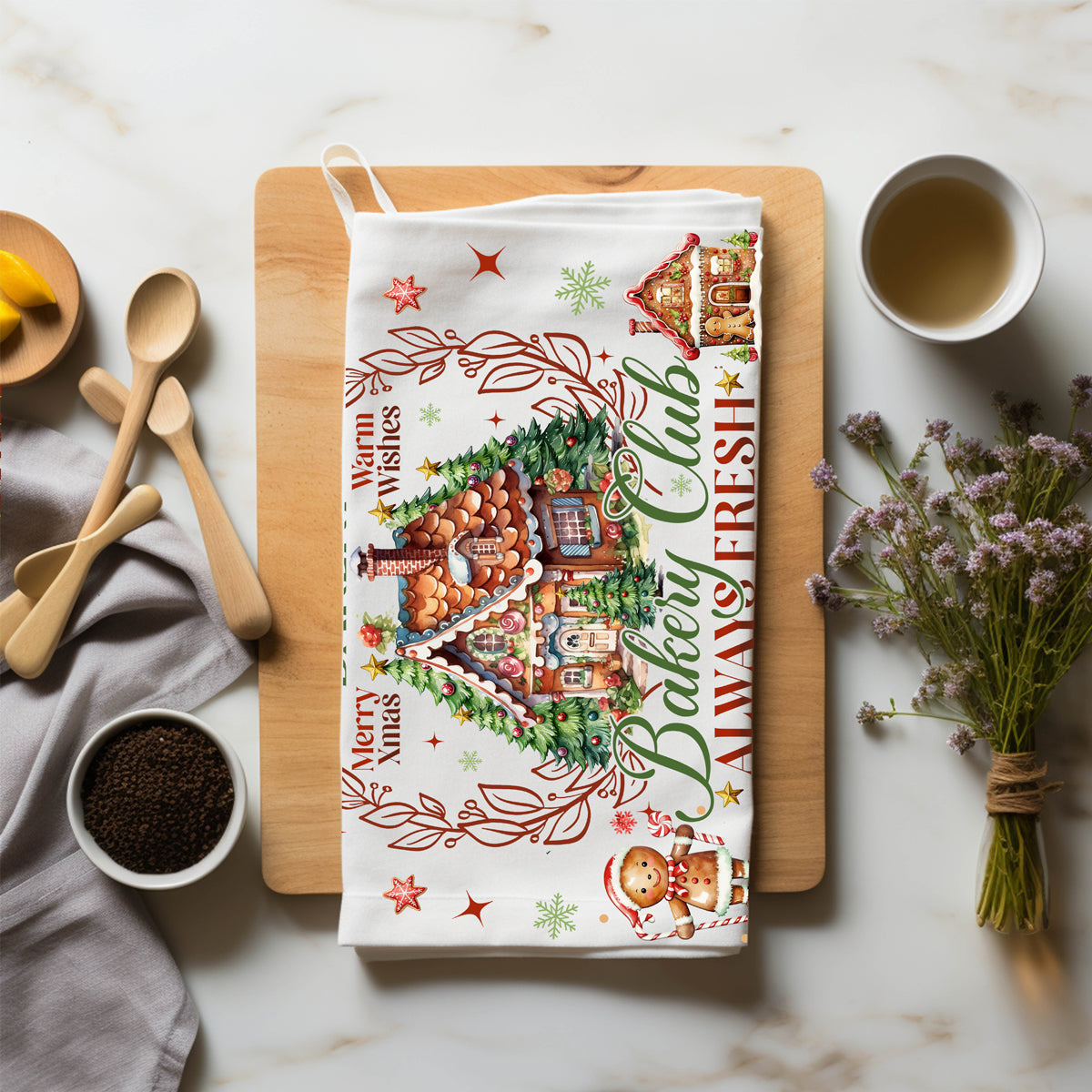 Holiday kitchen accessories gingerbread house
Christmas baking towel gingerbread design
Gingerbread Christmas kitchen decor towel