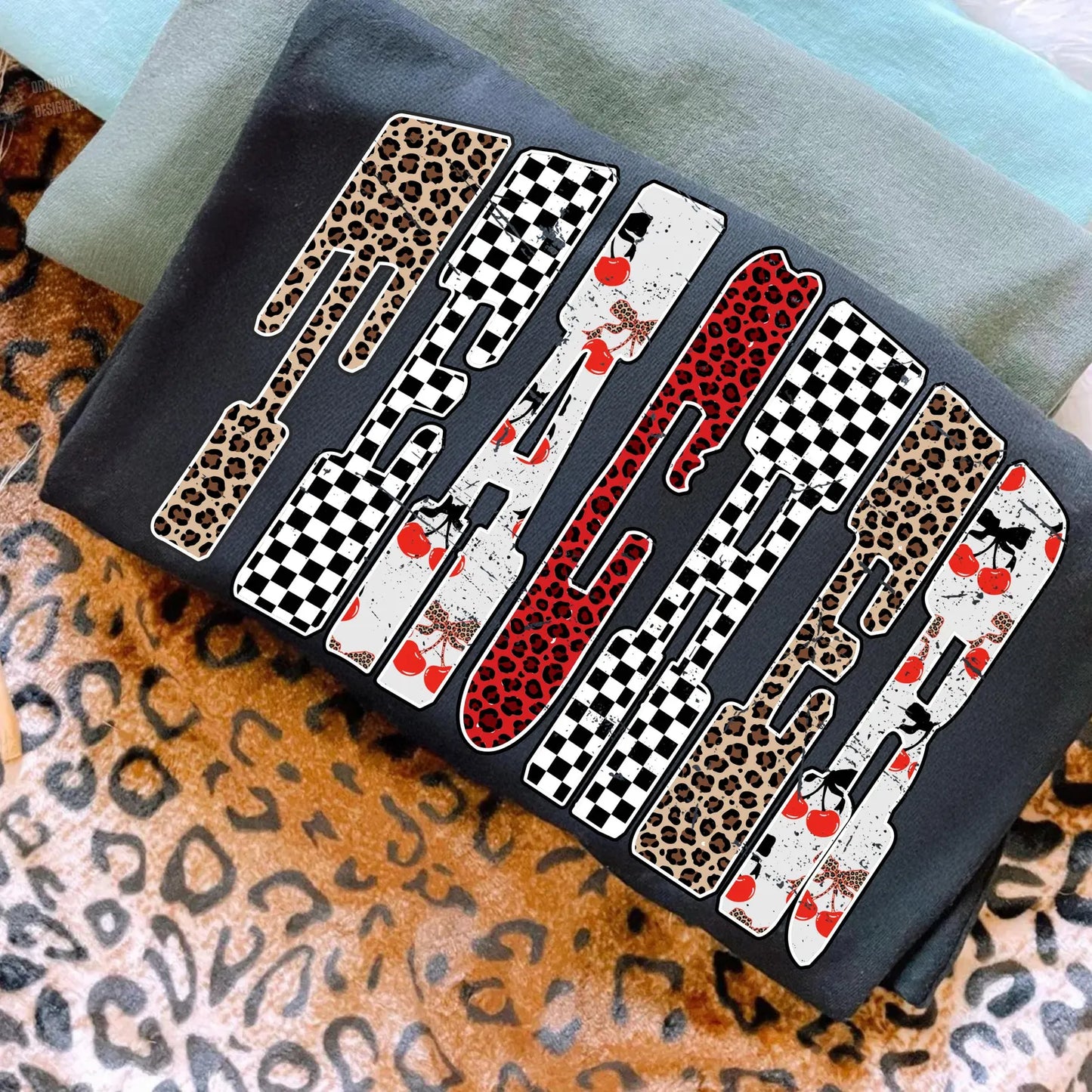 Teacher Cherry Checker Leopard Tee/Sweatshirt
