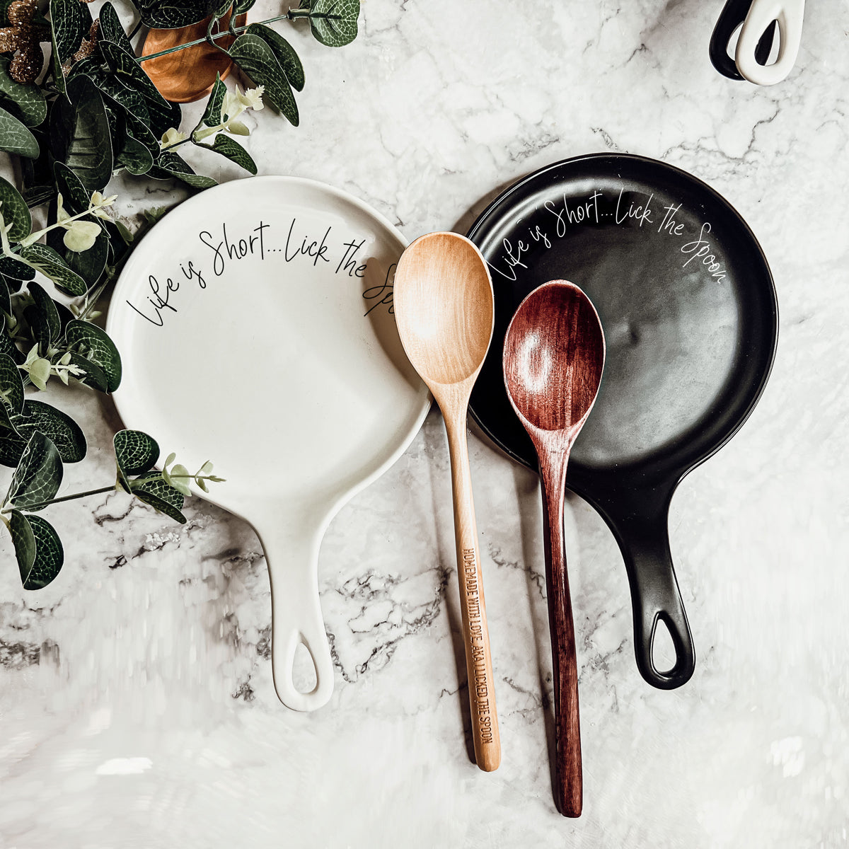 Wrapped baking gift set featuring ceramic spoon rest and wooden spoon